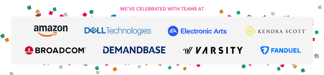 Logos of companies TCB has celebrated with, including Amazon, Dell Technologies, Electronic Arts, Kendra Scott, Broadcom, and more