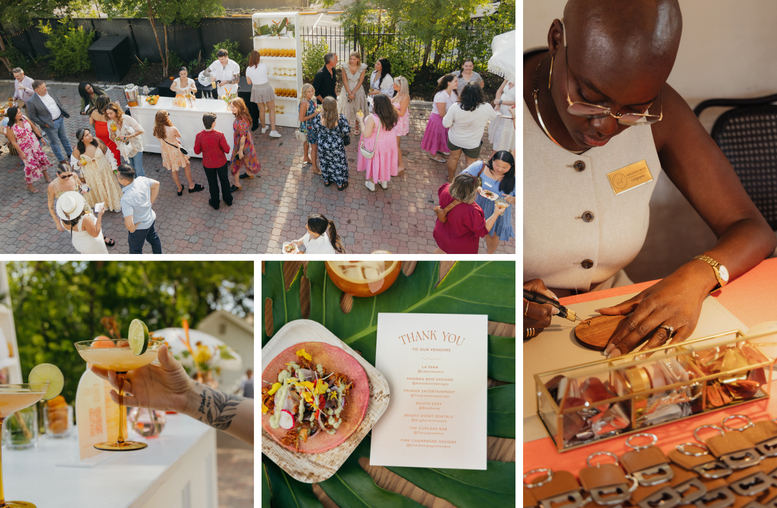Various images from the Golden Hour Happy Hour Party in Austin, including custom drinks and custom leather engraved bottle openers