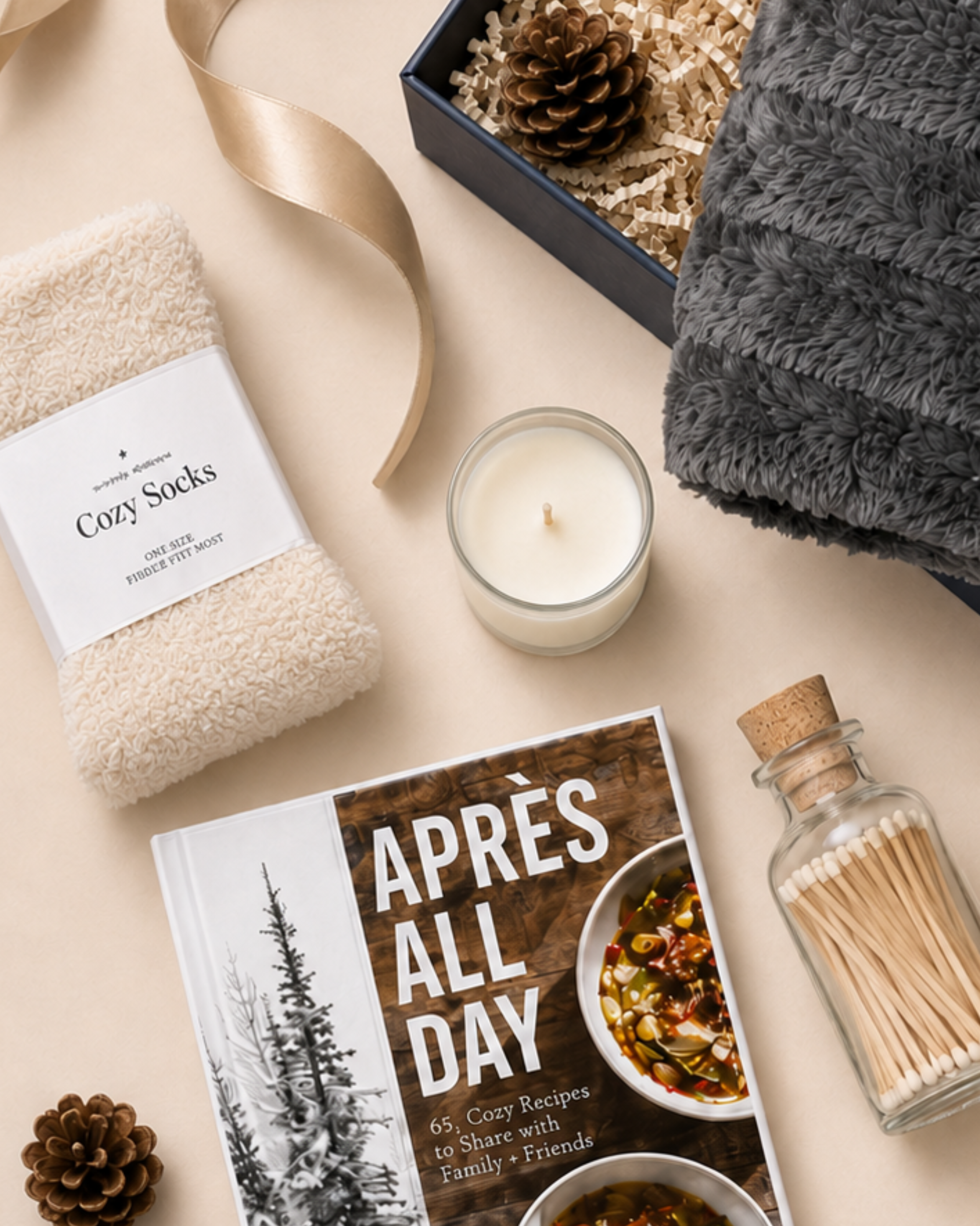 A closer look at the items inside The Apres Edit, including a cozy blanket, hardcover cookbook, cozy socks, winter candle, and vintage-inspired matches.