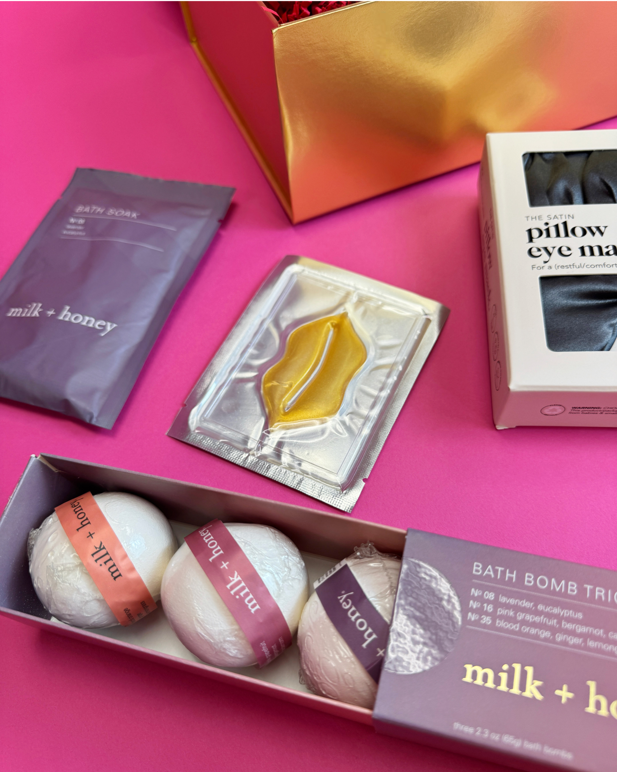 Valentines Gift including bath bomb trio, lip mask, bath soak, and eye mask. Gift wrapped with ribbon.