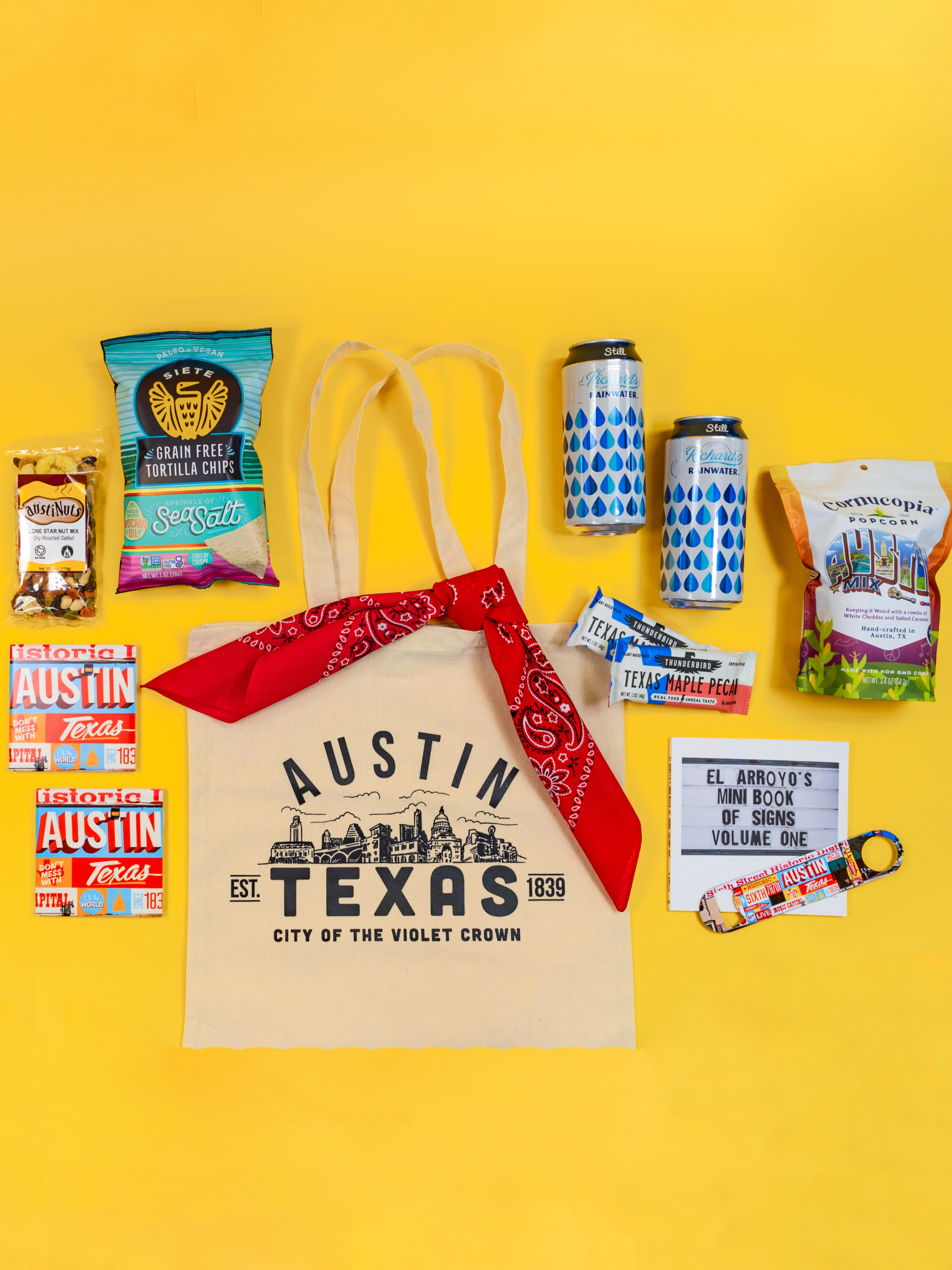 Austin, Texas themed amenity gift bag filled with local treats from Austin small businesses. Custom branding, local pickup/delivery, and hotel drops available for bulk orders.