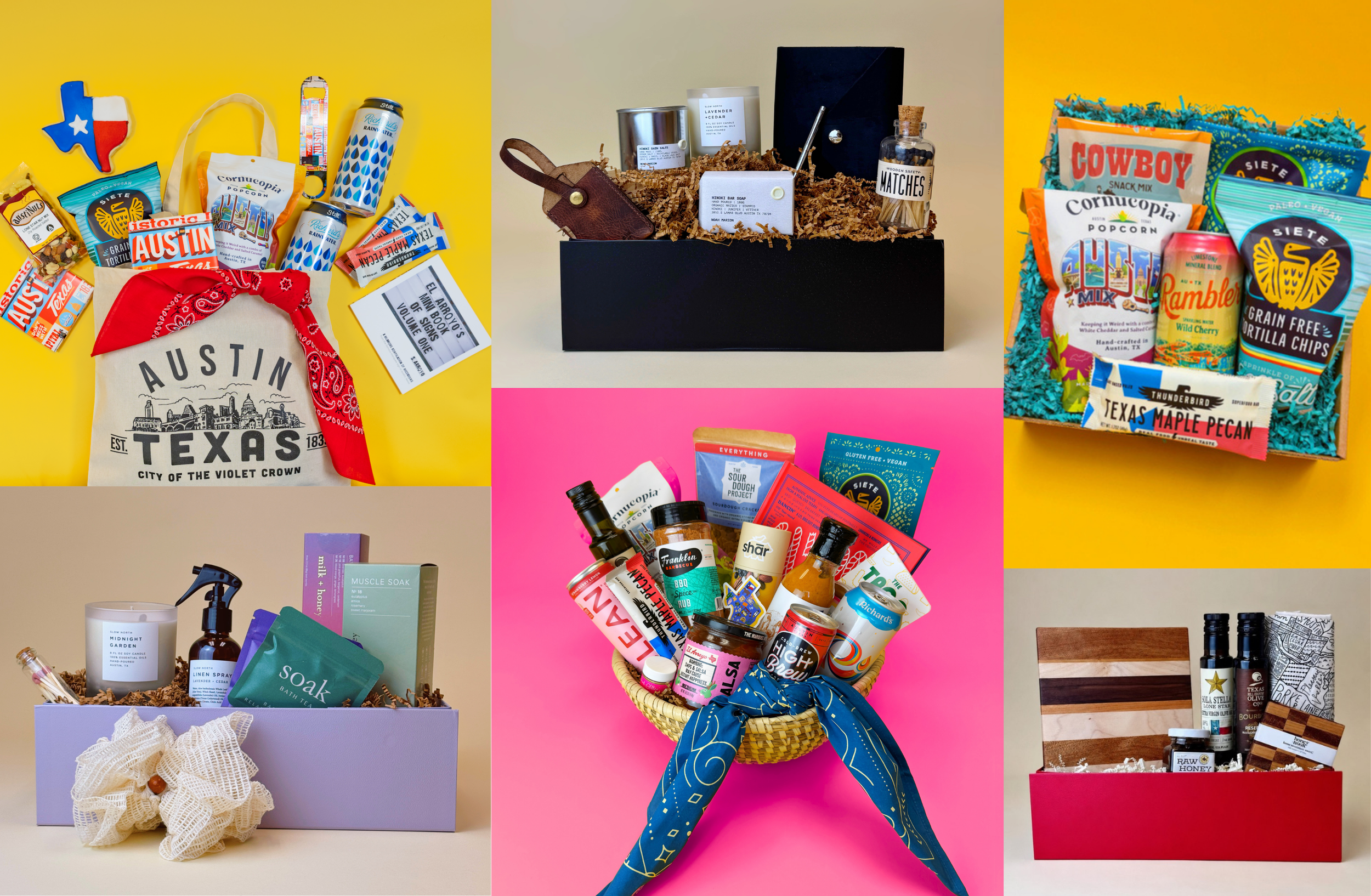 Six Austin gift options featuring local snacks, artisan goods, wellness products, and Texas-inspired keepsakes