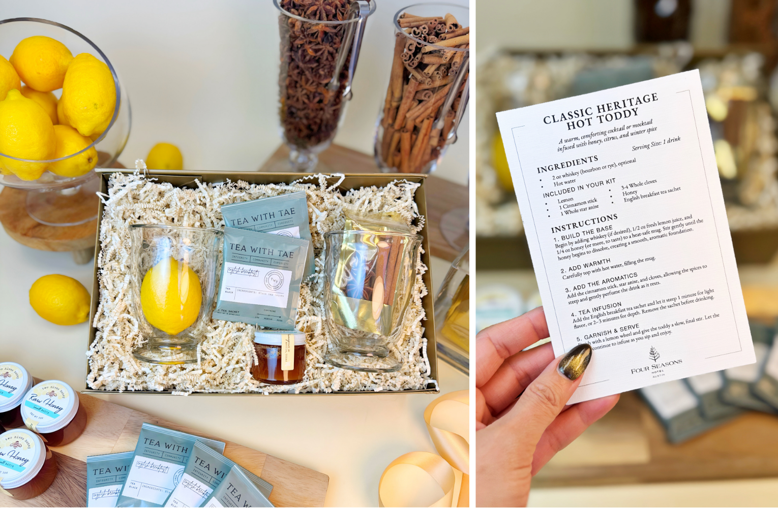 Hot Toddy cocktail and mocktail kit activation with tea, honey, citrus, spices, and recipe card for creating a cozy winter drink in Austin Texas