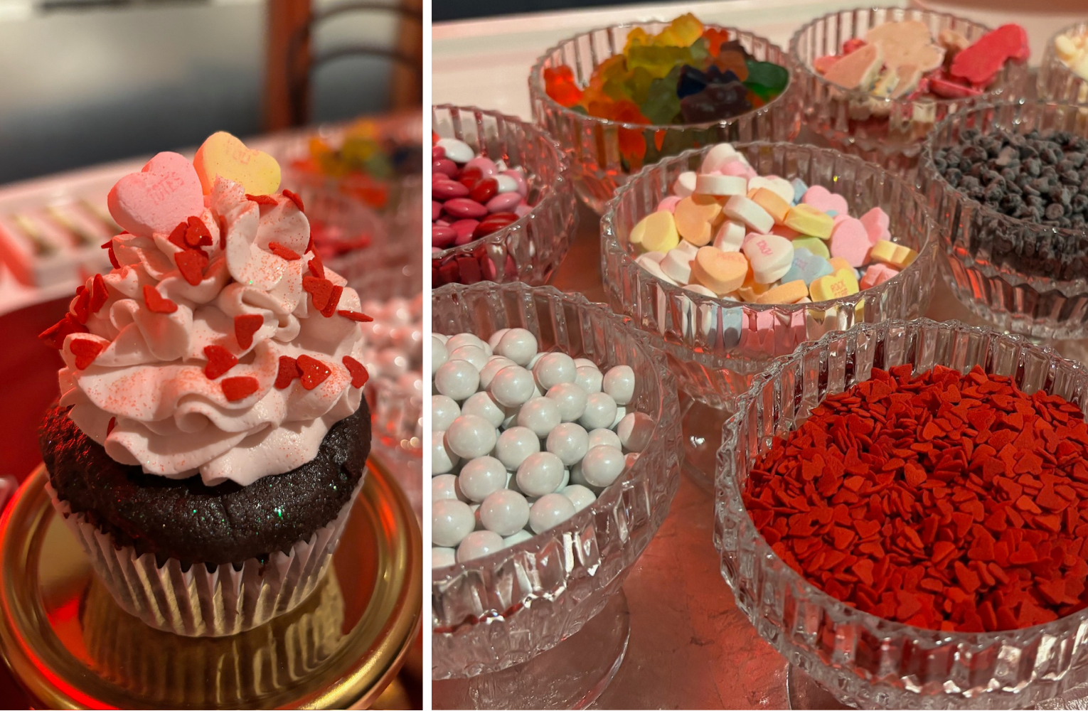 Valentine’s-themed cupcake topped with heart sprinkles alongside glass bowls filled with colorful candy toppings at a cupcake bar in Austin, TX.