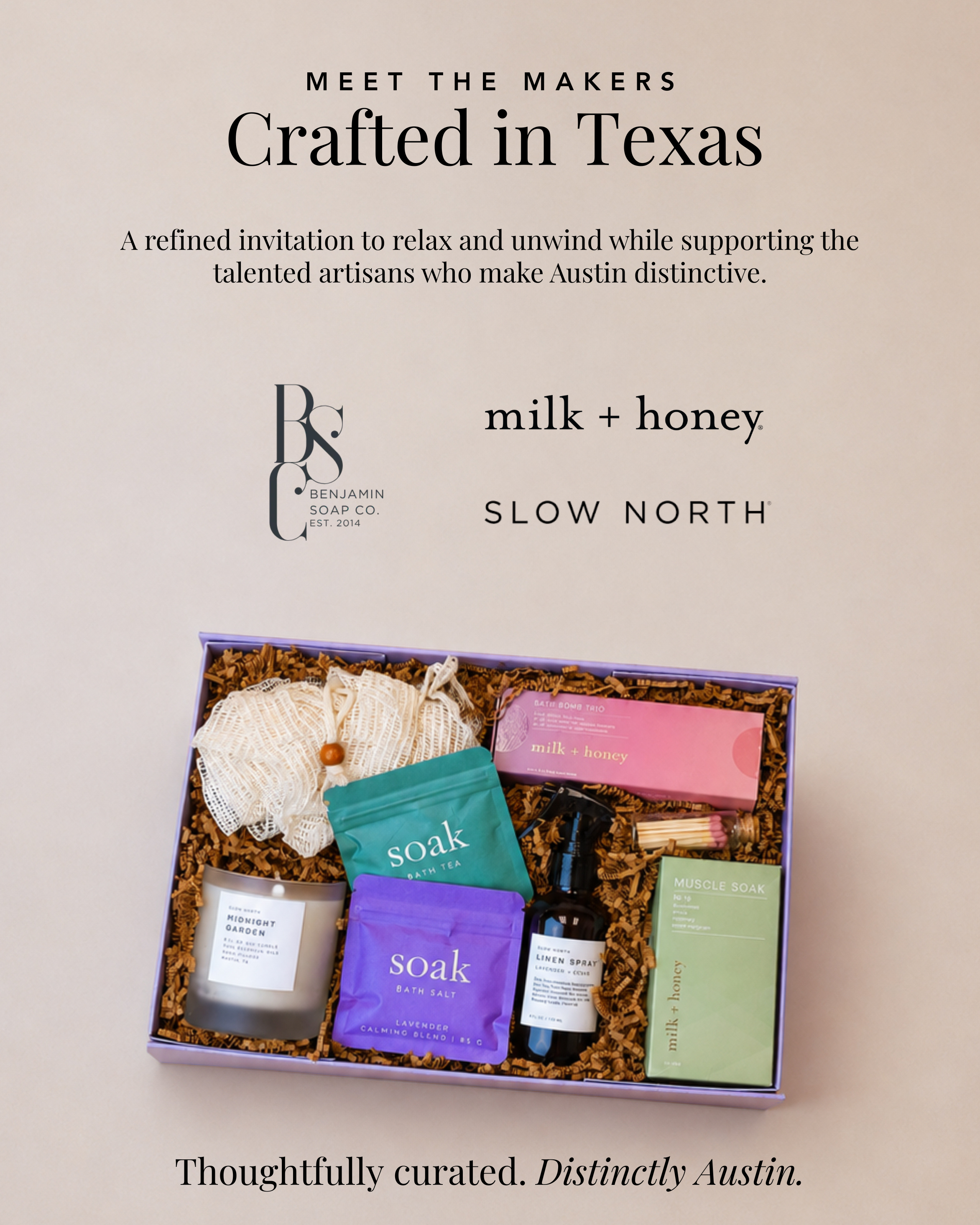 Small and local brands featured in The Violet Crown, including Benjamin Soap Co., Milk & Honey, and Slow North