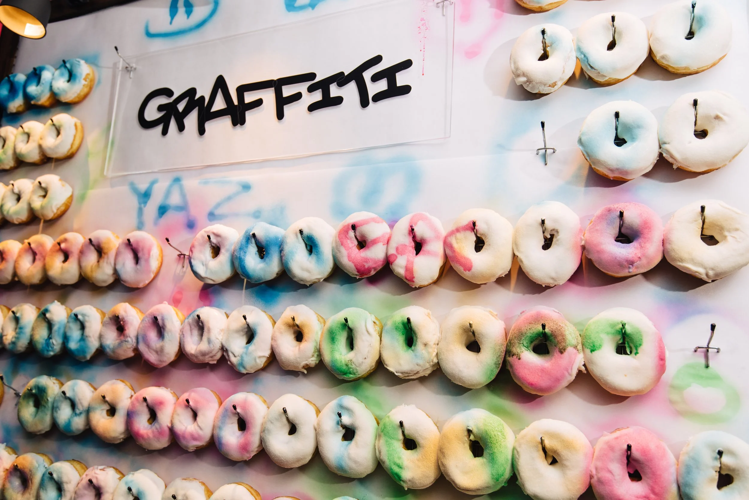 Close up of a Graffit Donut Wall at a holiday party in Austin, Texas