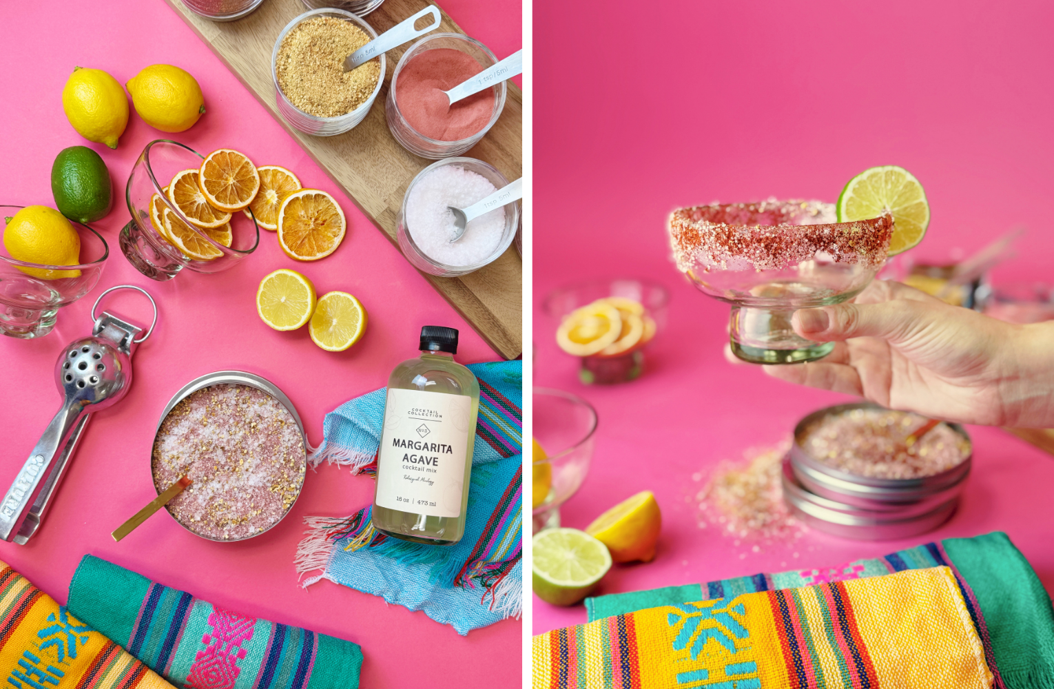 A collage of two images showing The Cupcake Bar's Margarita Salt Station, with spice blends and citrus garnishes