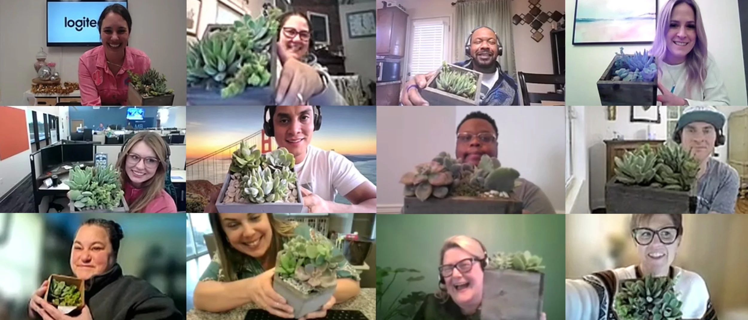 Screenshot of happy participants holding their tabletop succulent garden during a Virtual succulent planting class. Non-food virtual or in-person class.
