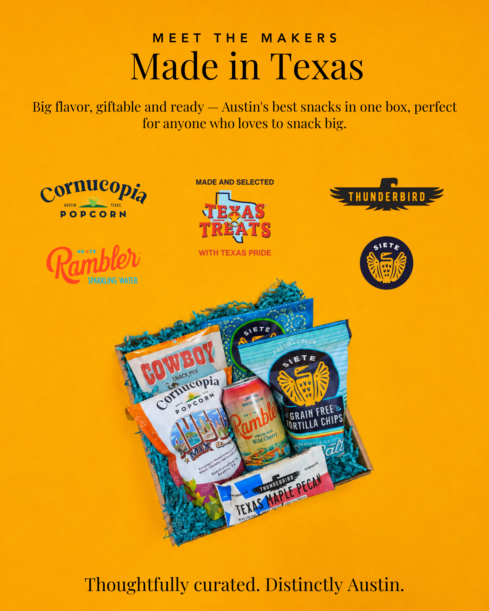 Homegrown and local vendors featured in Keep Austin Snacking, including Cornucopia, Siete, Rambler, Texas Treats, and Thunderbird Bars.