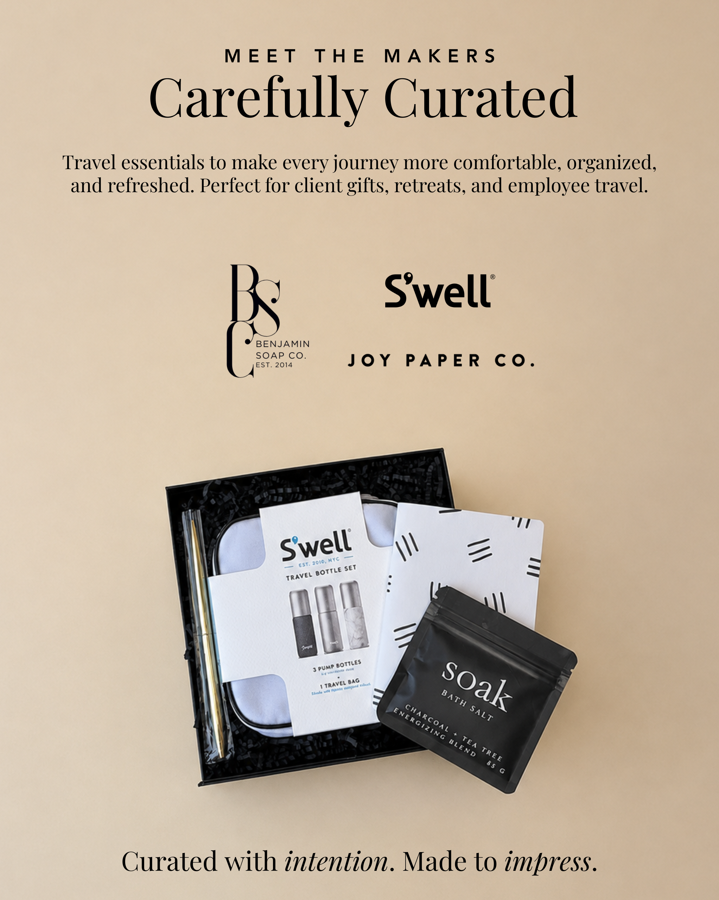Some of the small and local companies featured in the Relaxed Traveler, including Benjamin Soap Co, S'well, and Joy Paper Co.