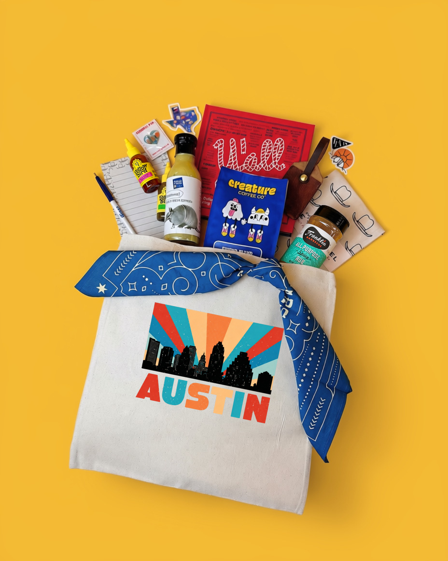 Deep in The Heart gift, featuring local snacks, treats, and keepsakes from Austin companies. Packed in an Austin tote and bandana.