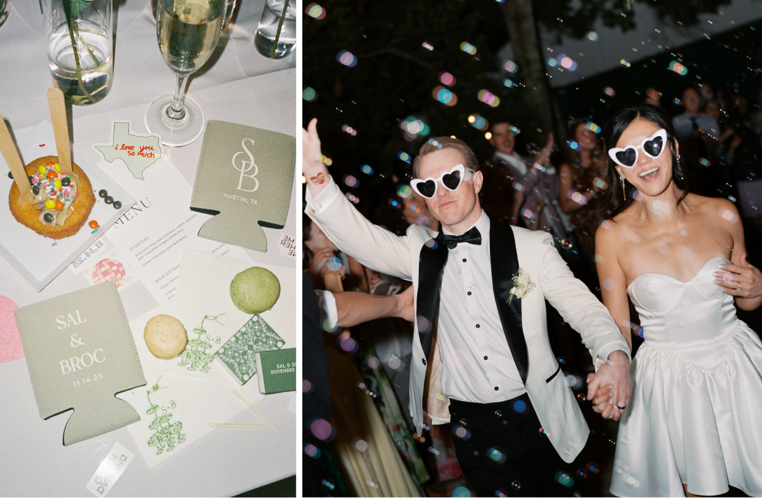 Split screen of a flat lay with custom doughnuts, Austin TX vinyl stickers, custom koozies, and more, as well as the couple exiting their reception, smiling and wearing heart sunglasses