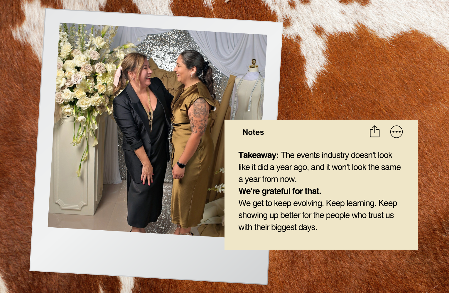 Polaroid-style photo of two women laughing at WIPACon beside a note about continuing to evolve, learn, and serve clients as the events industry changes.