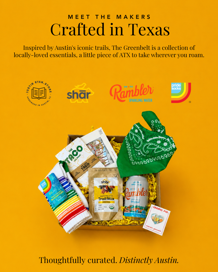 The small and local brands featured in The Greenbelt Austin Gift, including Justin Ryan Books, Pride Socks, Rambler, and shar trail mix.