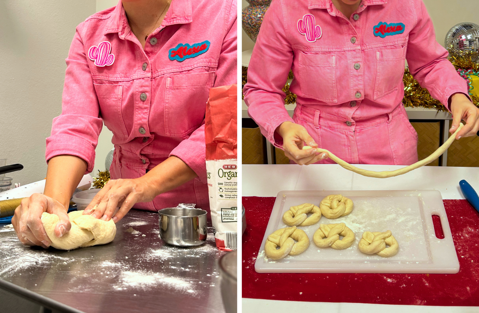 The Cupcake Bar's virtual pretzel class professor shows off how to knead dough and twist pretzels to a corporate team. This class is perfect for fall team building experiences.