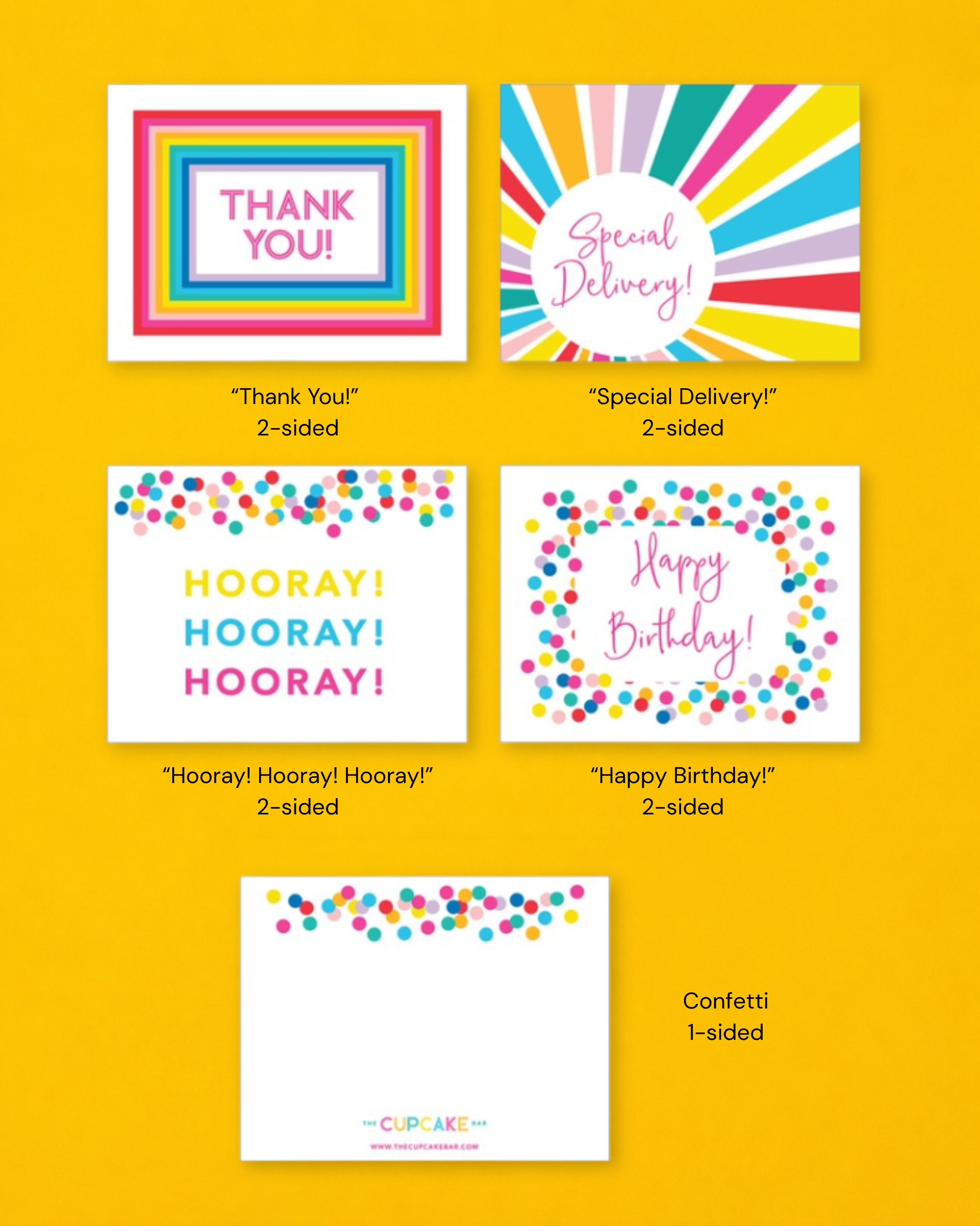Colorful notecard options for The Cupcake Bar's retail gifts