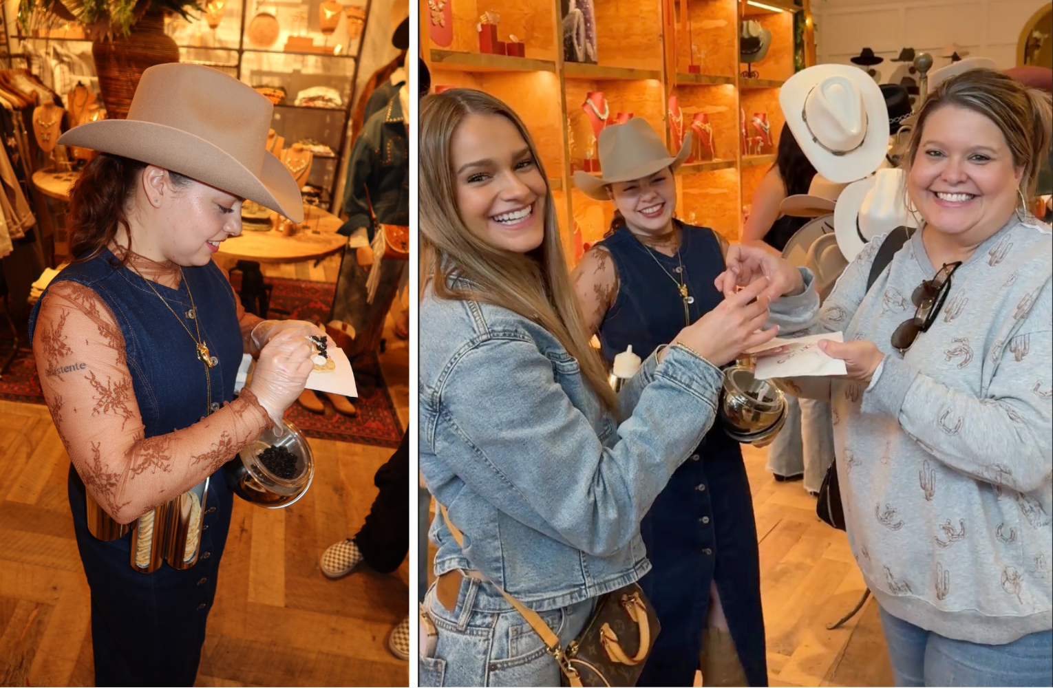 Our attendant serves Petrossian caviar to guests, who smile as they toast their blinis!