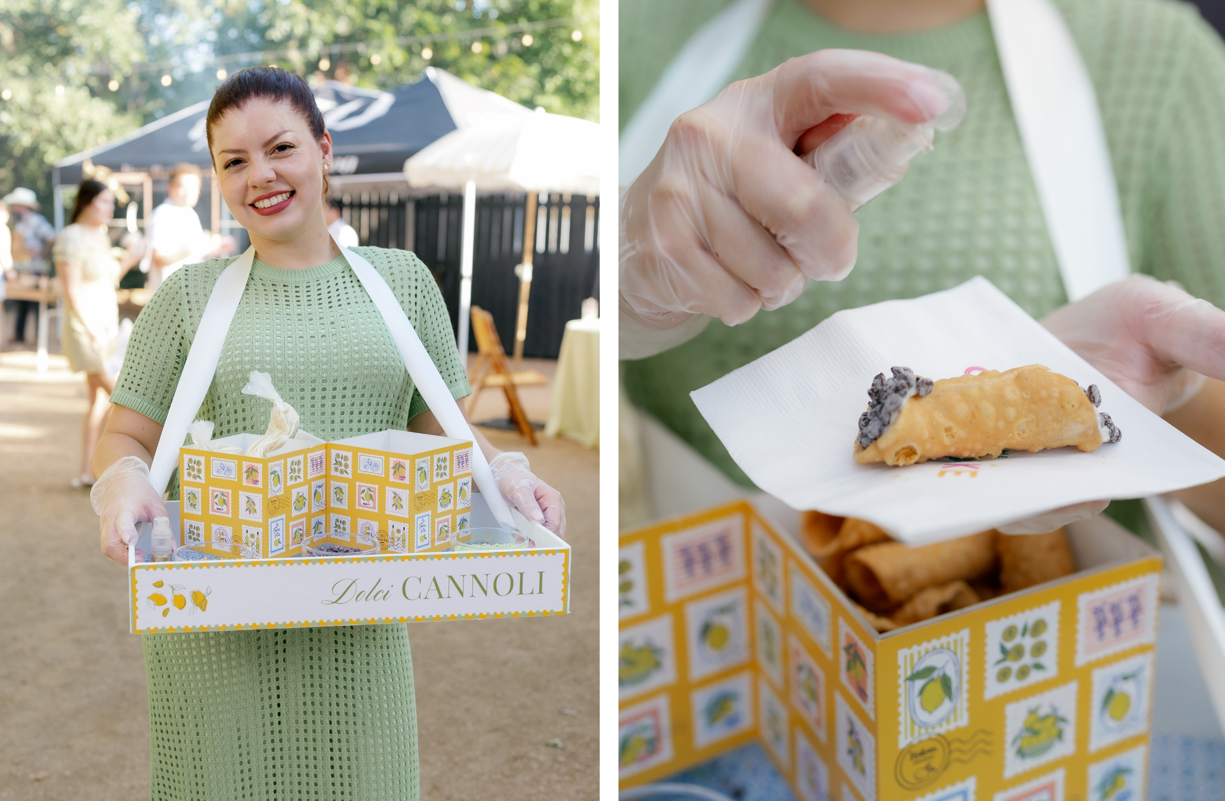 Cupcake Bar team member carries a custom roaming cannoli tray beside a close-up of a freshly filled cannoli being served.