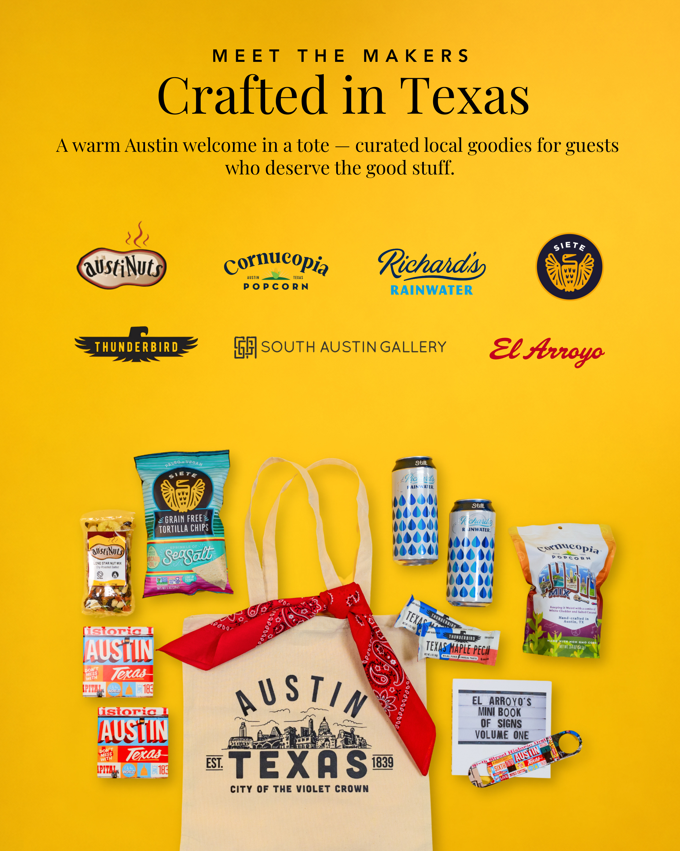 Local and small businesses featured in the Austin Amentiy Gift, including austiNuts, Cornucopia Popcorn, Richard's Rainwater, Siete, Thunderbird, South Austin Gallery, and El Arroyo.