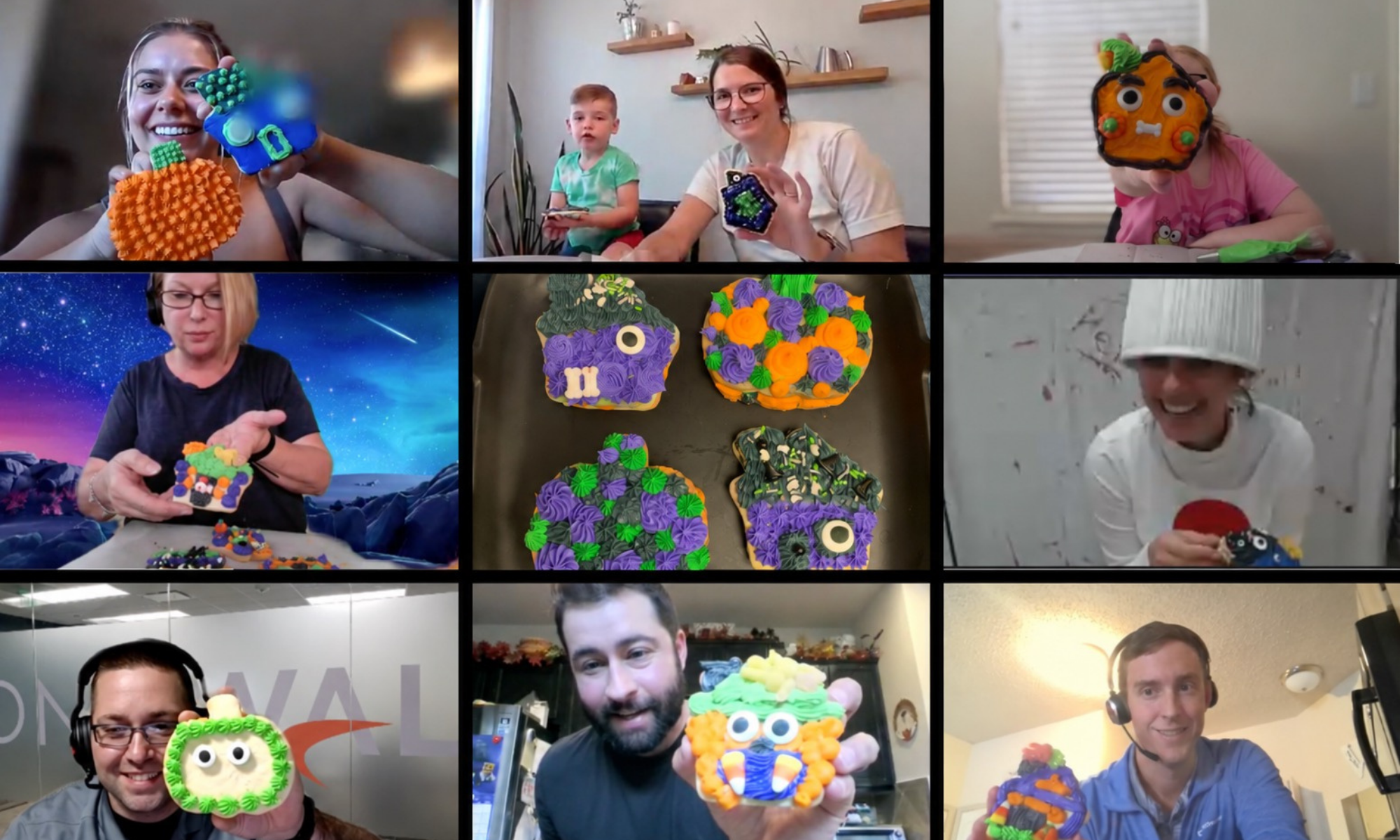 Participants show off their creative and unique Halloween layered cookies made during a virtual team building experience.