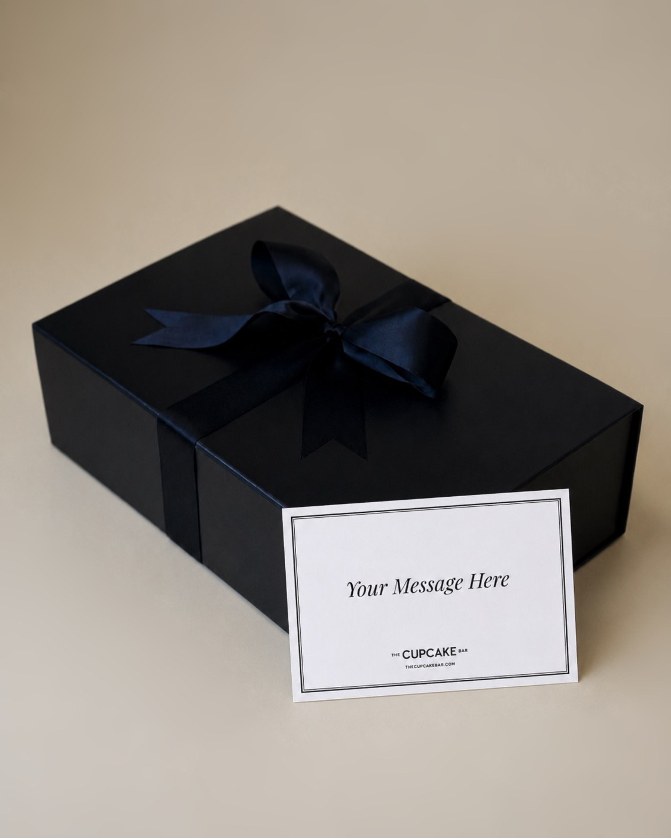 Black Magnetic Closure Gift Box with Black Satin Ribbon and handwritten notecard