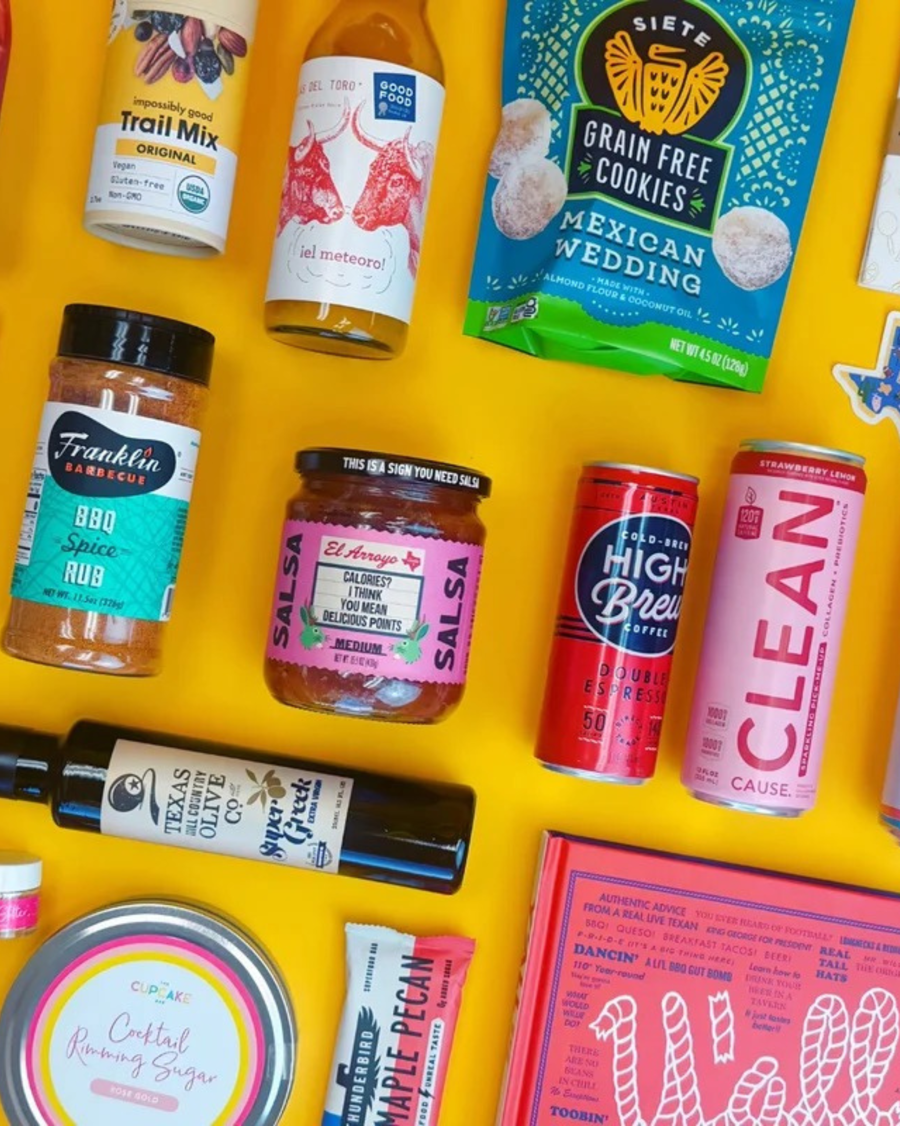 Local Austin products included in this gift basket. Fun snacks, drinks, and keepsakes to make this gift the full Austin experience!