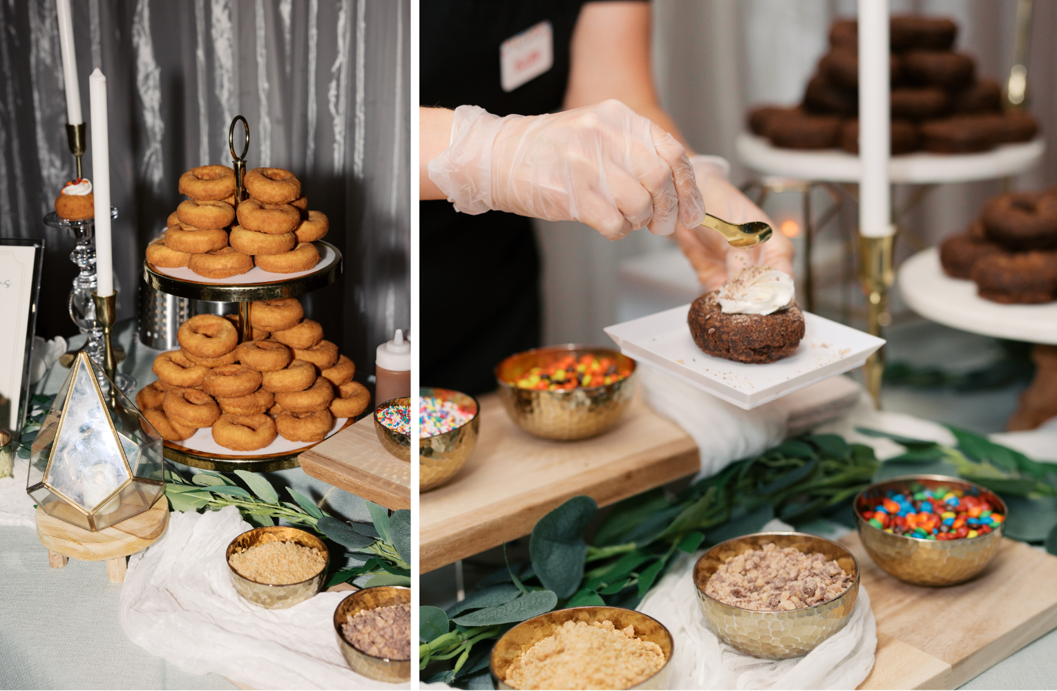 A split screen showing the interactive donut bar setup at Sal and Broc's unique Austin wedding
