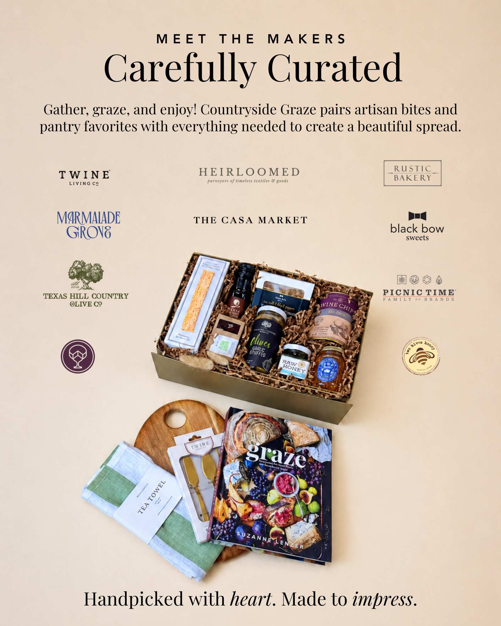 Small and local brands inside Countryside Graze, including Heirloomed, Marmalade Grove, Texas Hill Country Olive Co, and more