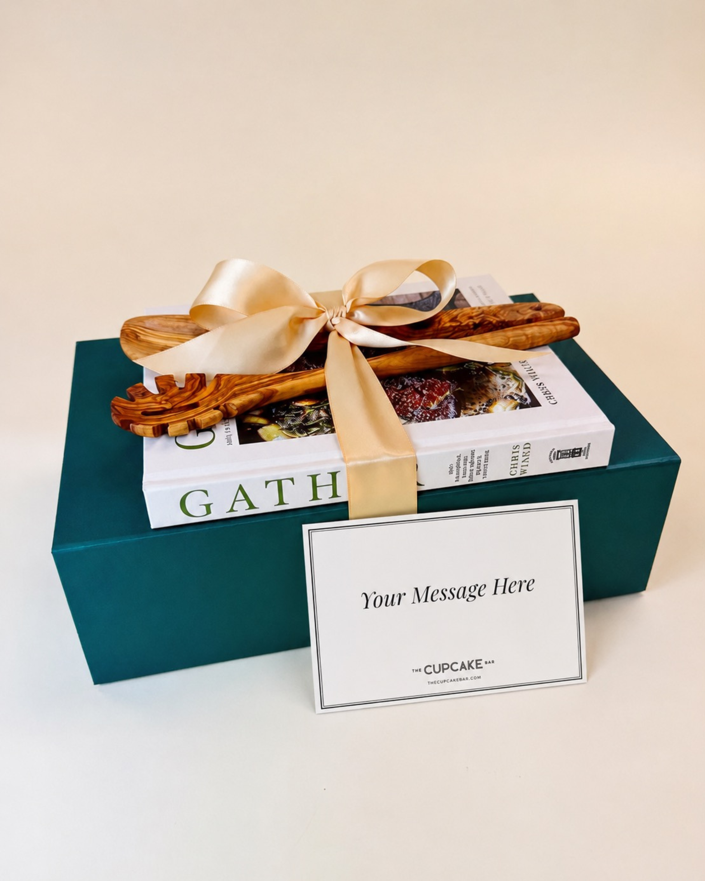 Expertly packaged gift basket containing luxury Italian inspired culinary items, alongside handwritten notecard