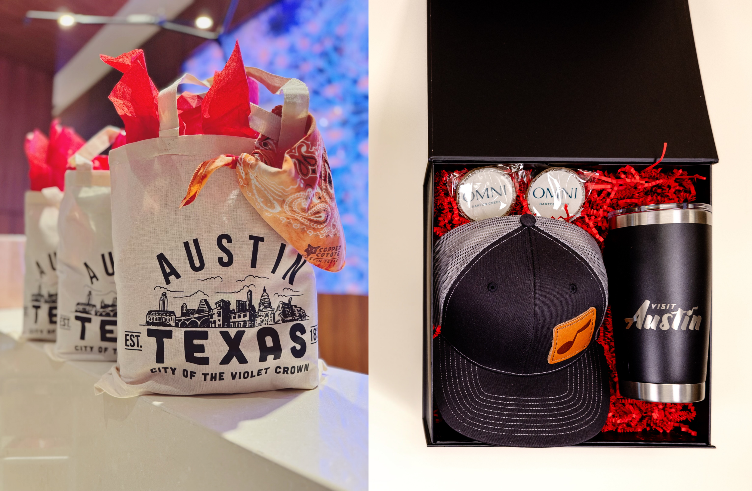 Austin welcome gifts featuring canvas tote bags and a custom gift box with a branded hat, tumbler, and treats