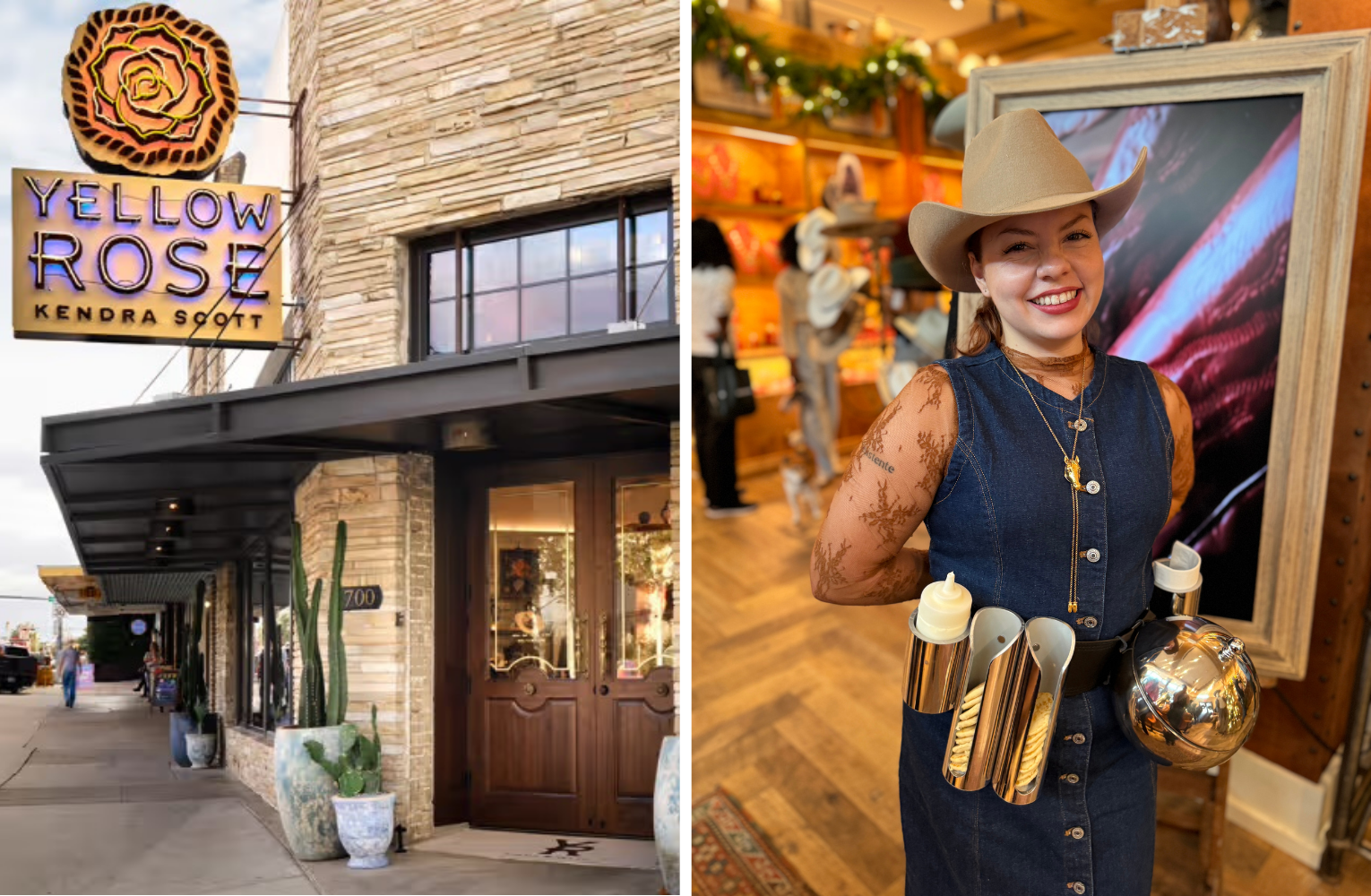 A side-by-side photo of the Austin storefront of Yellow Rose by Kendra Scott and our Roaming Caviar attendant