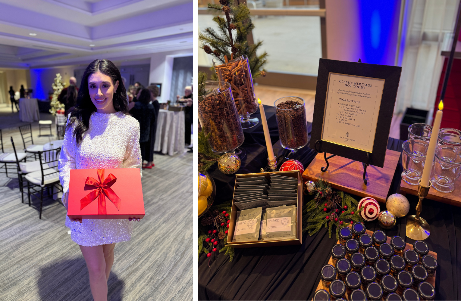 Four Seasons holiday gifting activation featuring a resident holding a red gift box and a Classic Heritage Hot Toddy station with tea, spices, citrus, and festive décor.