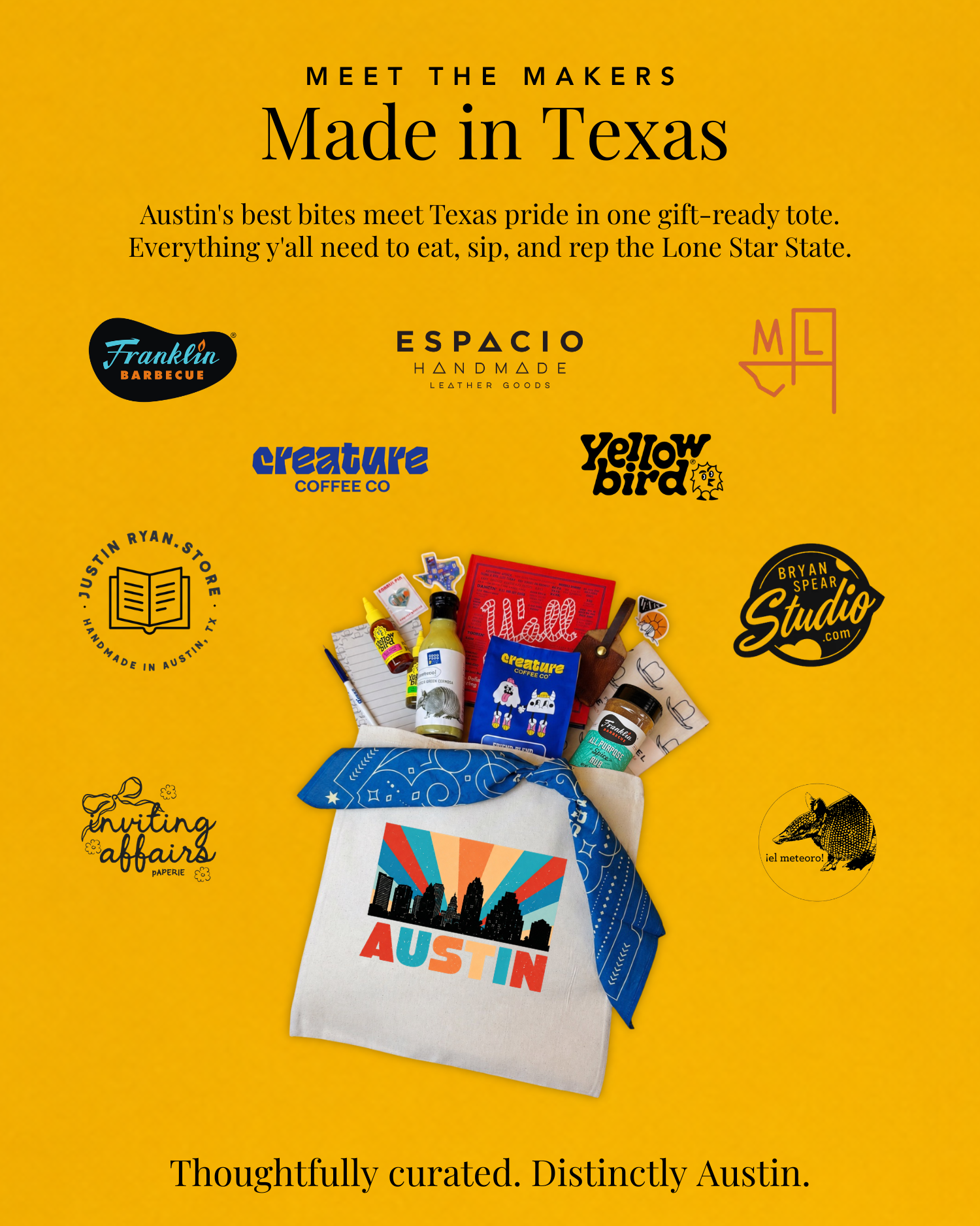 Brands featured in the Deep in the Heart gift, including local Austin companies Franklin BBQ, Yellowbird, Creature Coffee, Espacio Handmade Leather Goods, and more.
