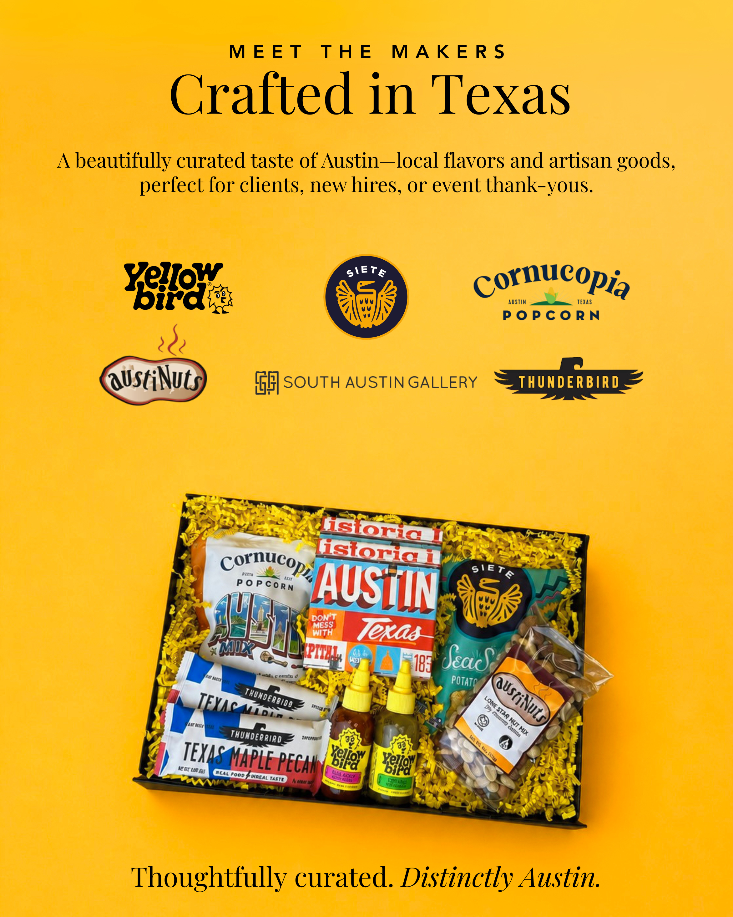 Some of the small and local businesses featured in the Austin, TX Gift box, including Yellowbird, Siete, Cornucopia Popcorn, austiNuts, South Austin Gallery, and Thunderbird