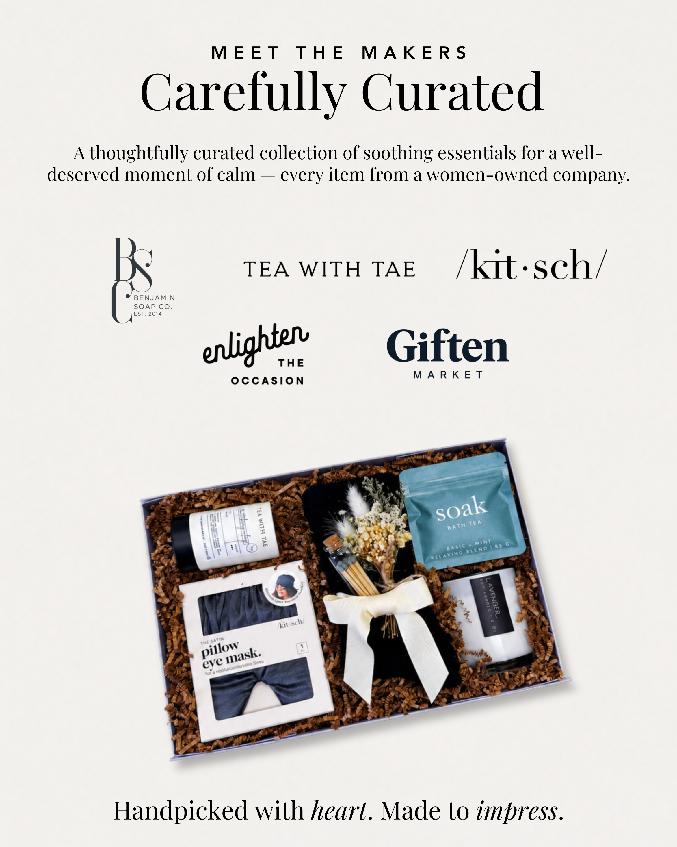 A closer look at the small and local businesses featured in Relax & Unwind, including Benjamin Soap Co., Tea with Tae, kitsch, enlighten the occasions, and GIften Market