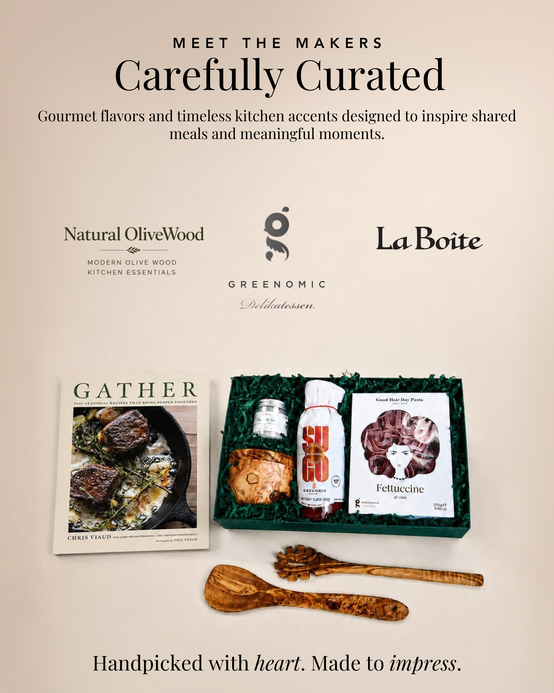 Small and local brands featured in Gather & Savor, including Natural OliveWood, Greenomic Delicatessen, and La Boîte