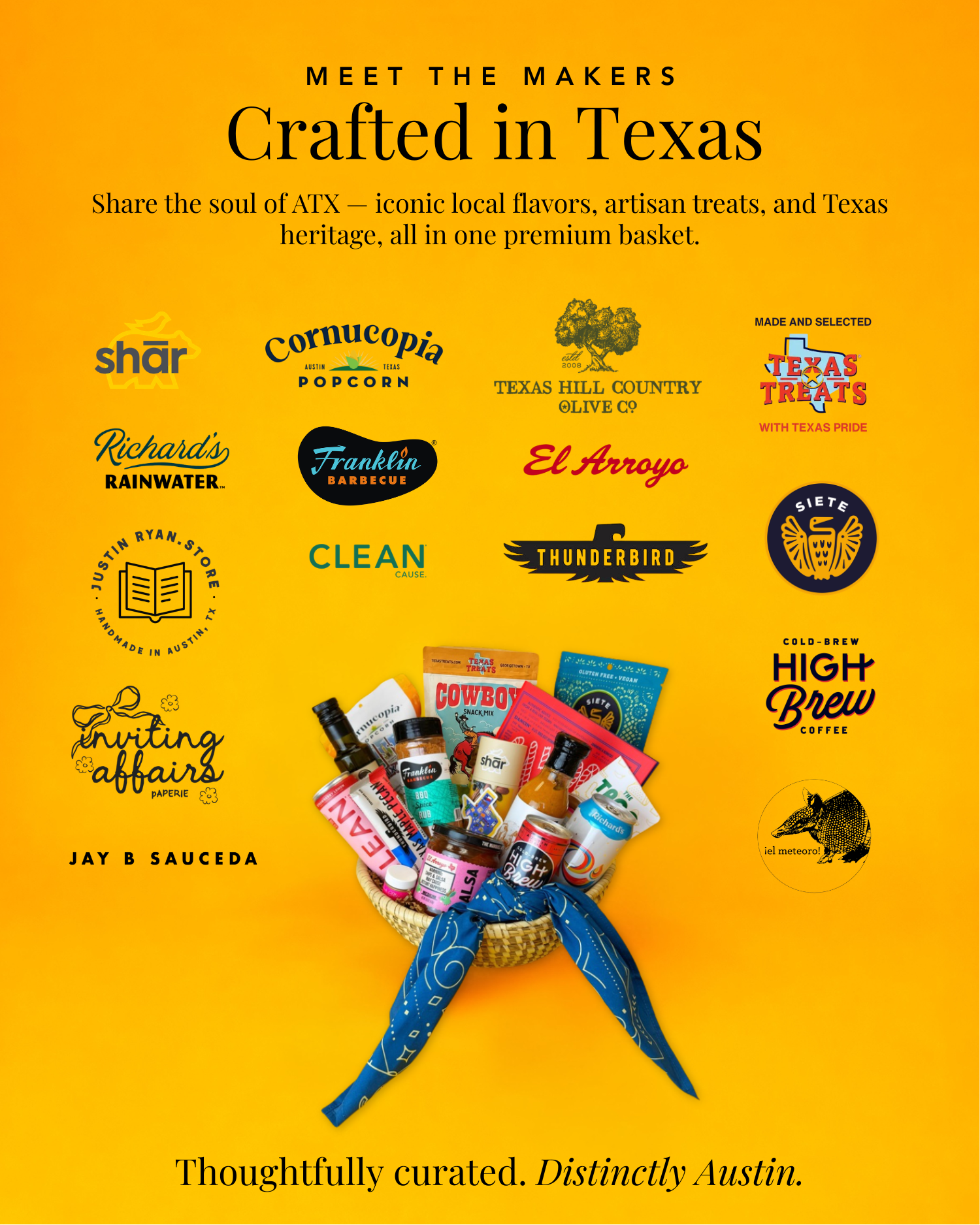 Local brands featured in our Heart of Texas Gift Basket, including Siete, Franklin BBQ, Cornucopia Popcorn, High Brew Coffee, Richard's Rainwater, Texas Hill Country Olive Co, and more
