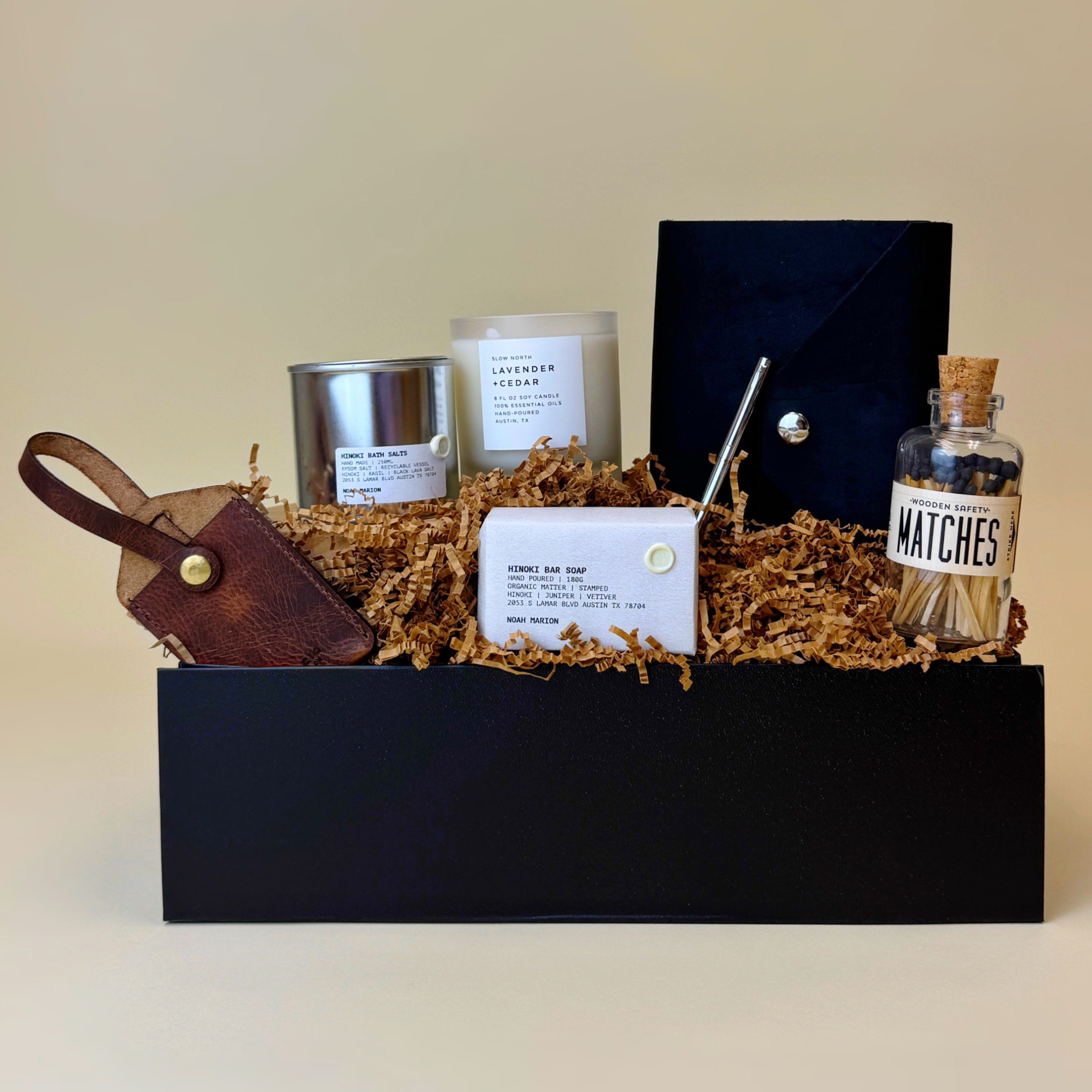 Luxury Austin gift box with leather goods, candle, soap, bath salts and writing accessories