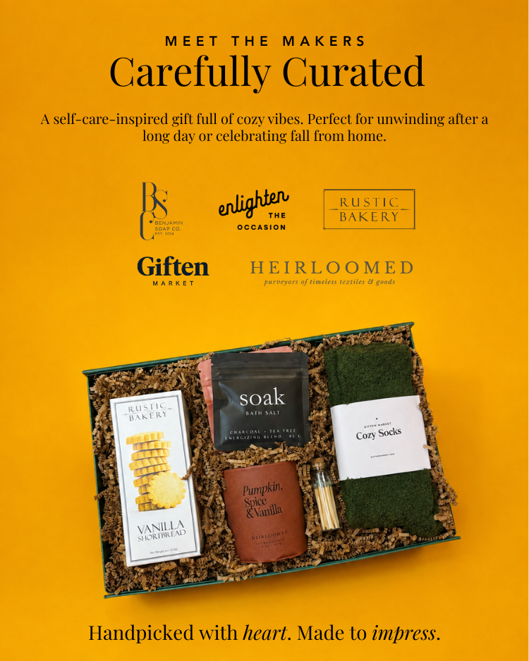 Small and local vendors inside Cozy Autumn retreat, including Giften Market, Heirloomed, Benjamin Soap Co, and more