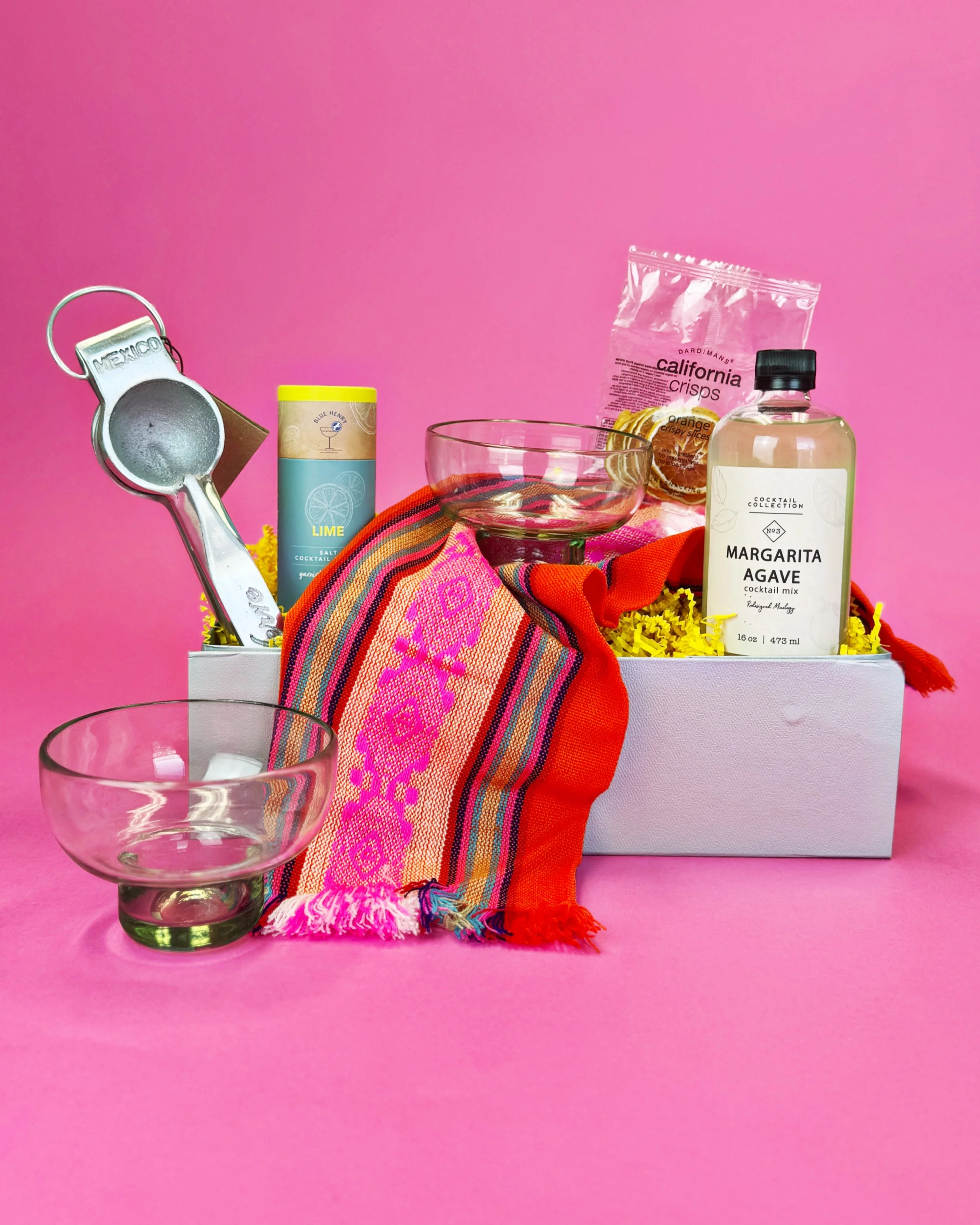 Curated margarita gift box containing authentic Mexican made items. Perfect gift for a friend or loved one.