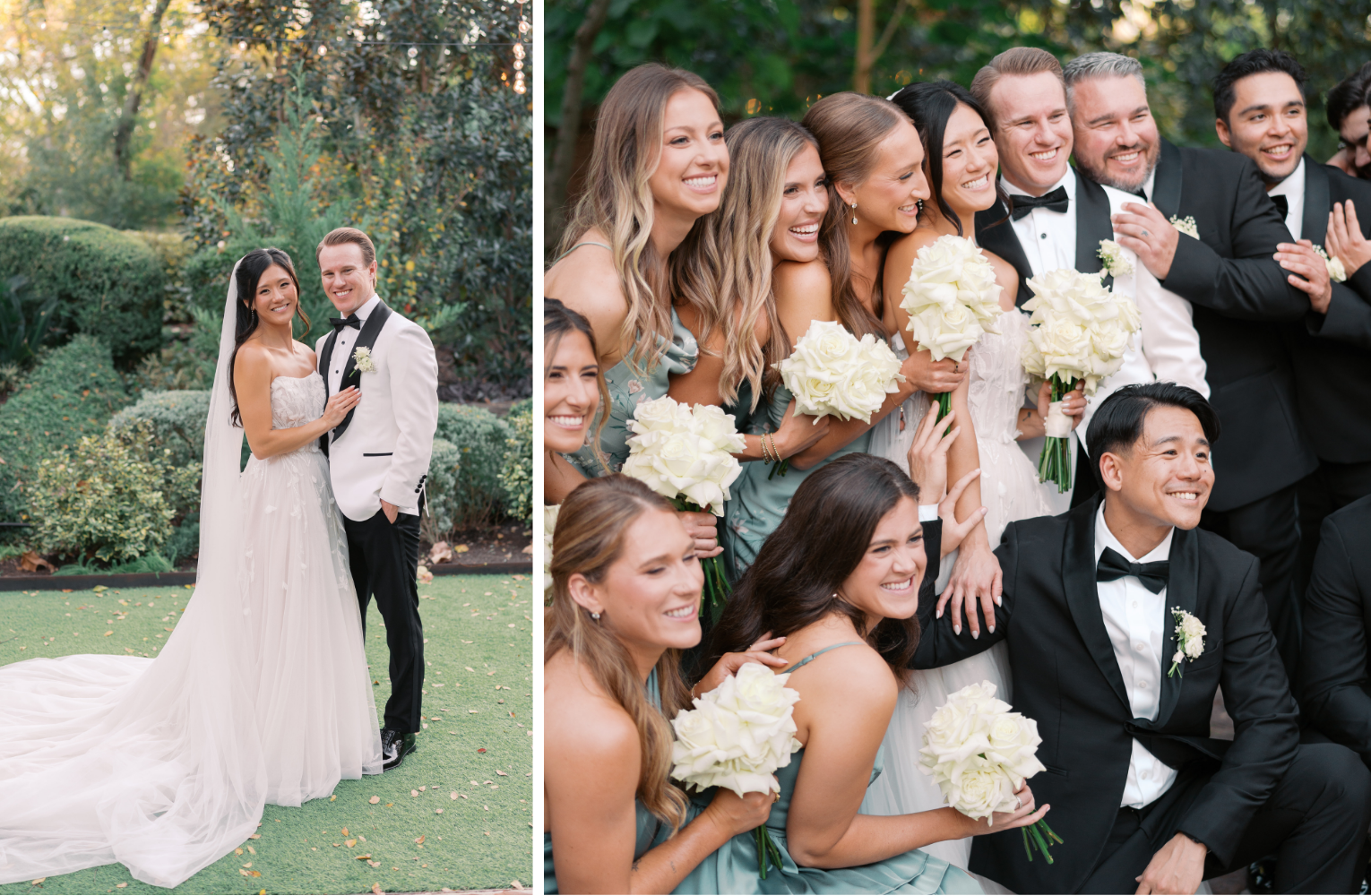 A split screen showing Sal and Broc, and then Sal and Broc surrounded by their wedding party.
