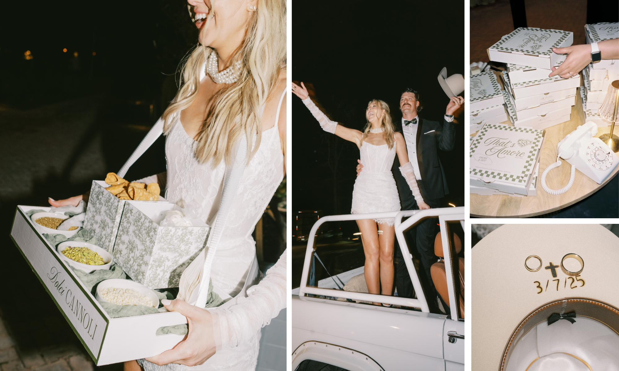 Wedding collage featuring a bride wearing a custom Roaming Cannoli tray, the couple waving from a vintage getaway car, boxed cannoli, and wedding detail photos.