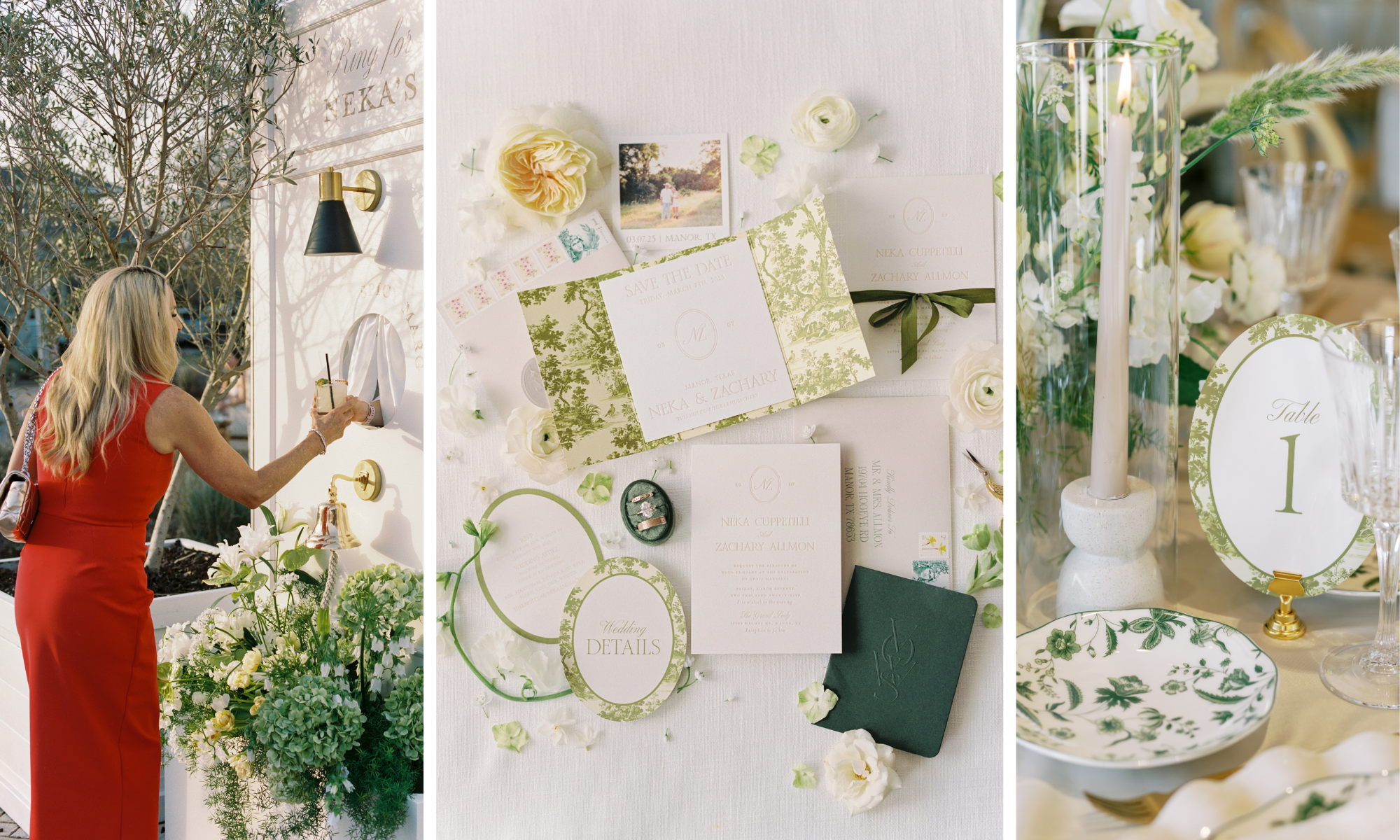 Wedding detail collage featuring a custom drink wall, green-and-white patterned stationery, floral table settings, and decor that inspired the custom Roaming Cannoli tray design.