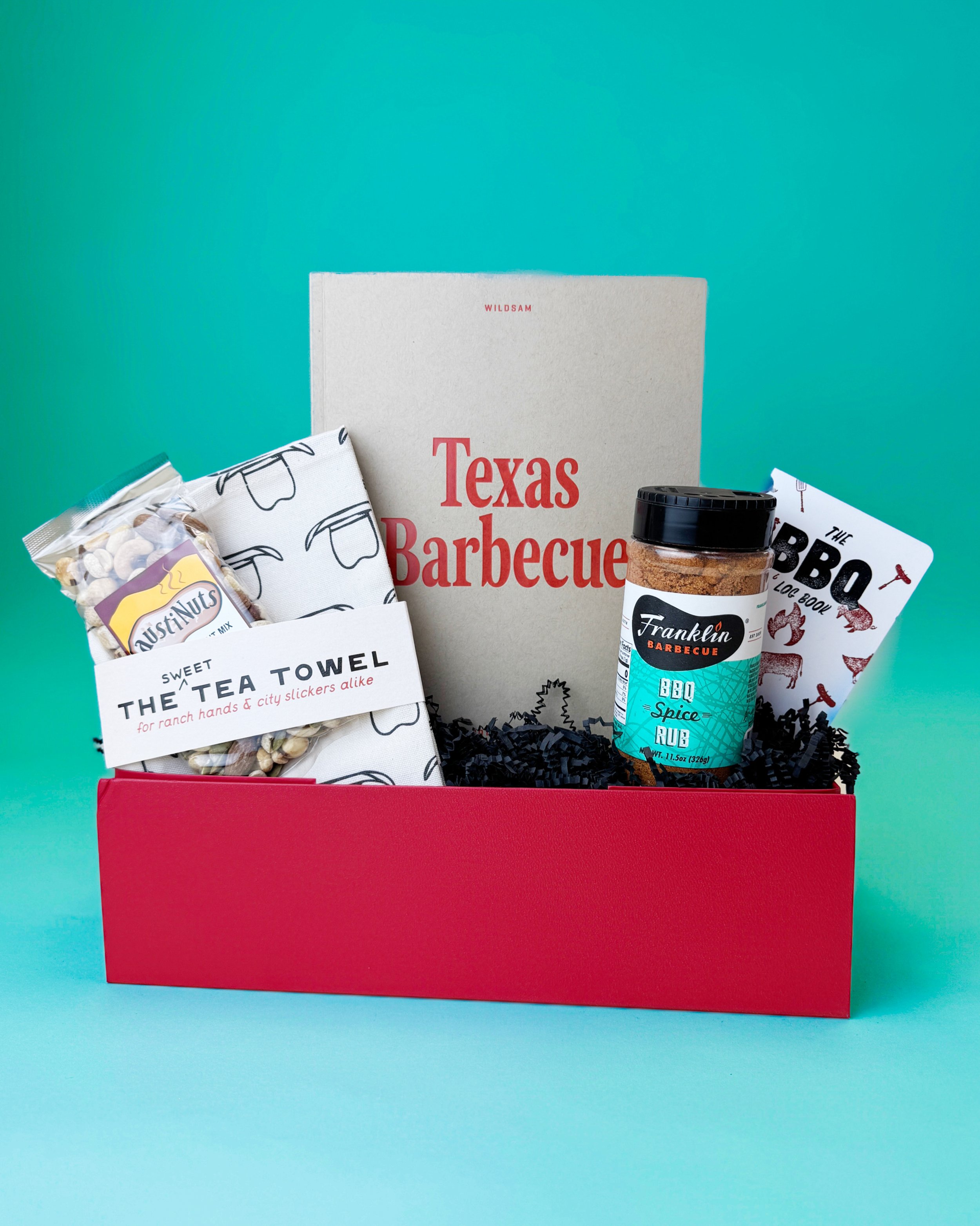 Ready to ship Texas BBQ gift, including BBQ spices, an almanac, and keepsakes sources from local Austin brands