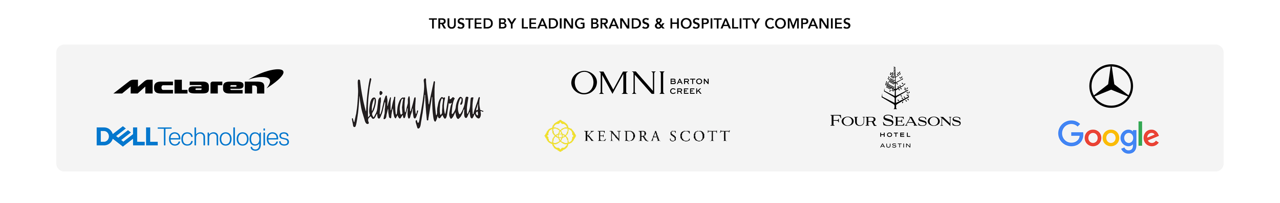 Logos of TCB's clients, including McLaren, Dell Technologies, Neiman Marcus, Four Seasons, Google, Mercedes Benz, and more