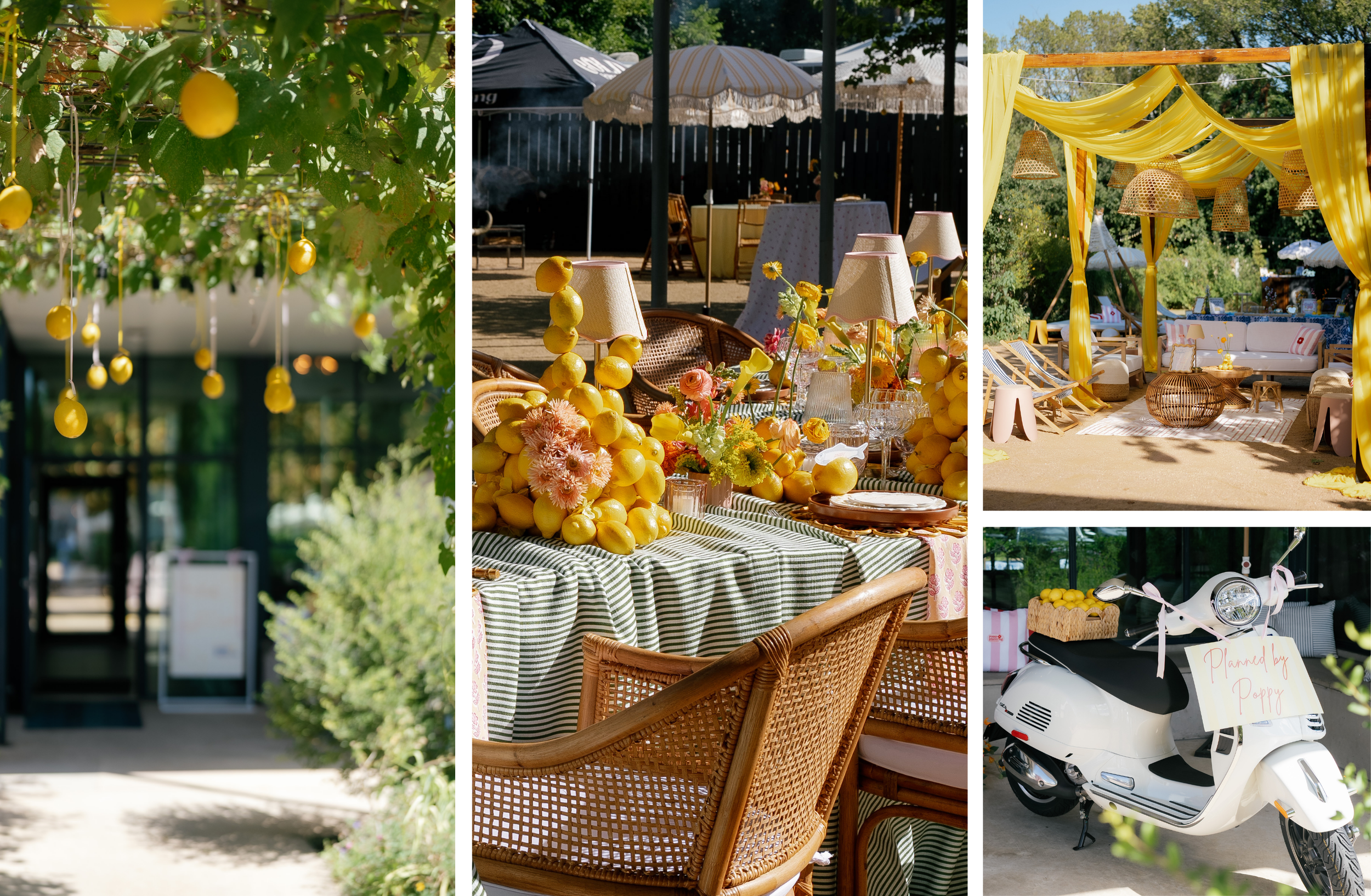 A collage of images from the Amalfi-coast themed event in Austin, planned by Poppy Planning. Images include lemons hanging from arches and custom elaborate lemon tablescapes.