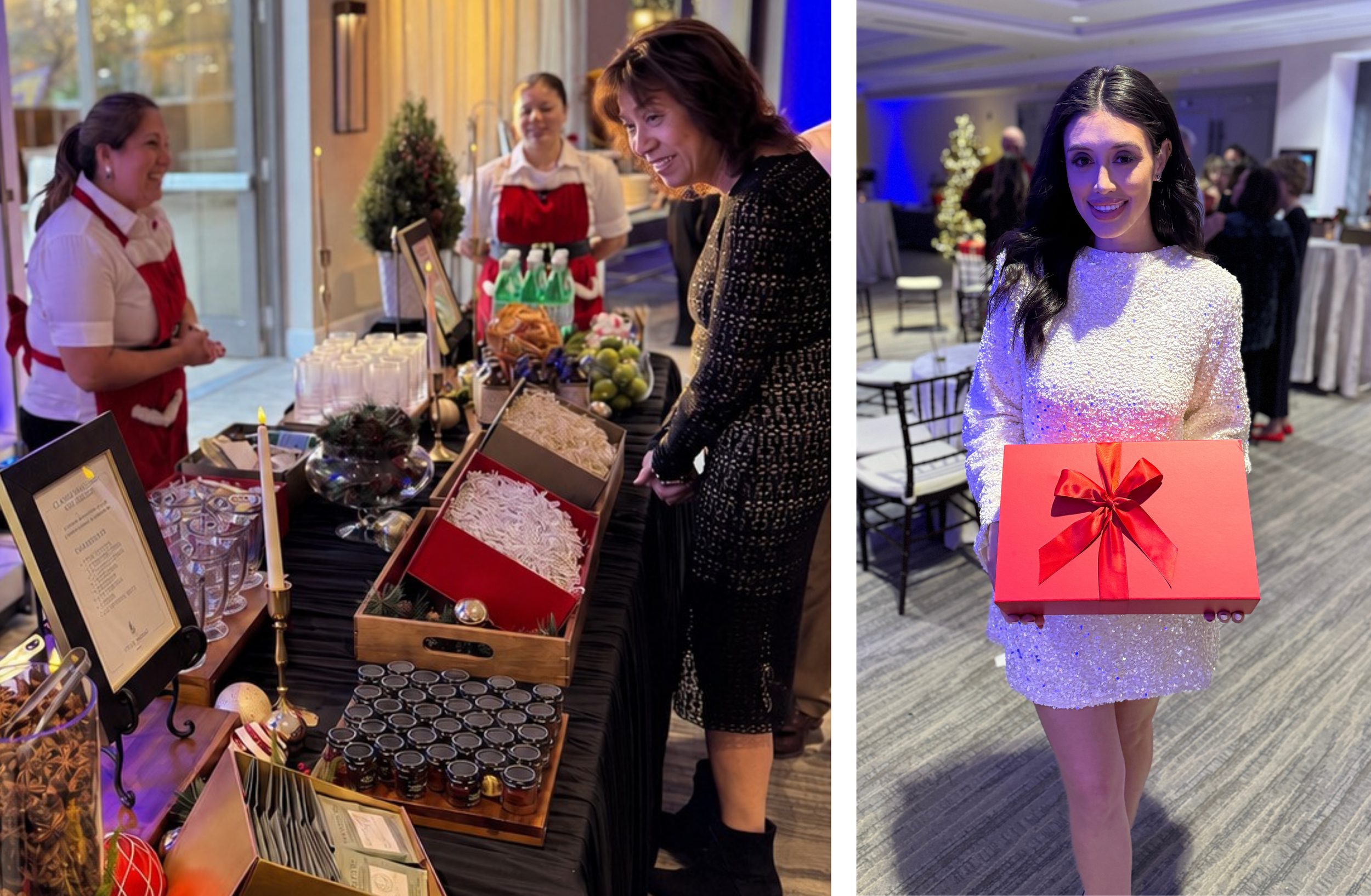 A guest visits a staffed cocktail gifting station, followed by another guest holding a finished red gift box.