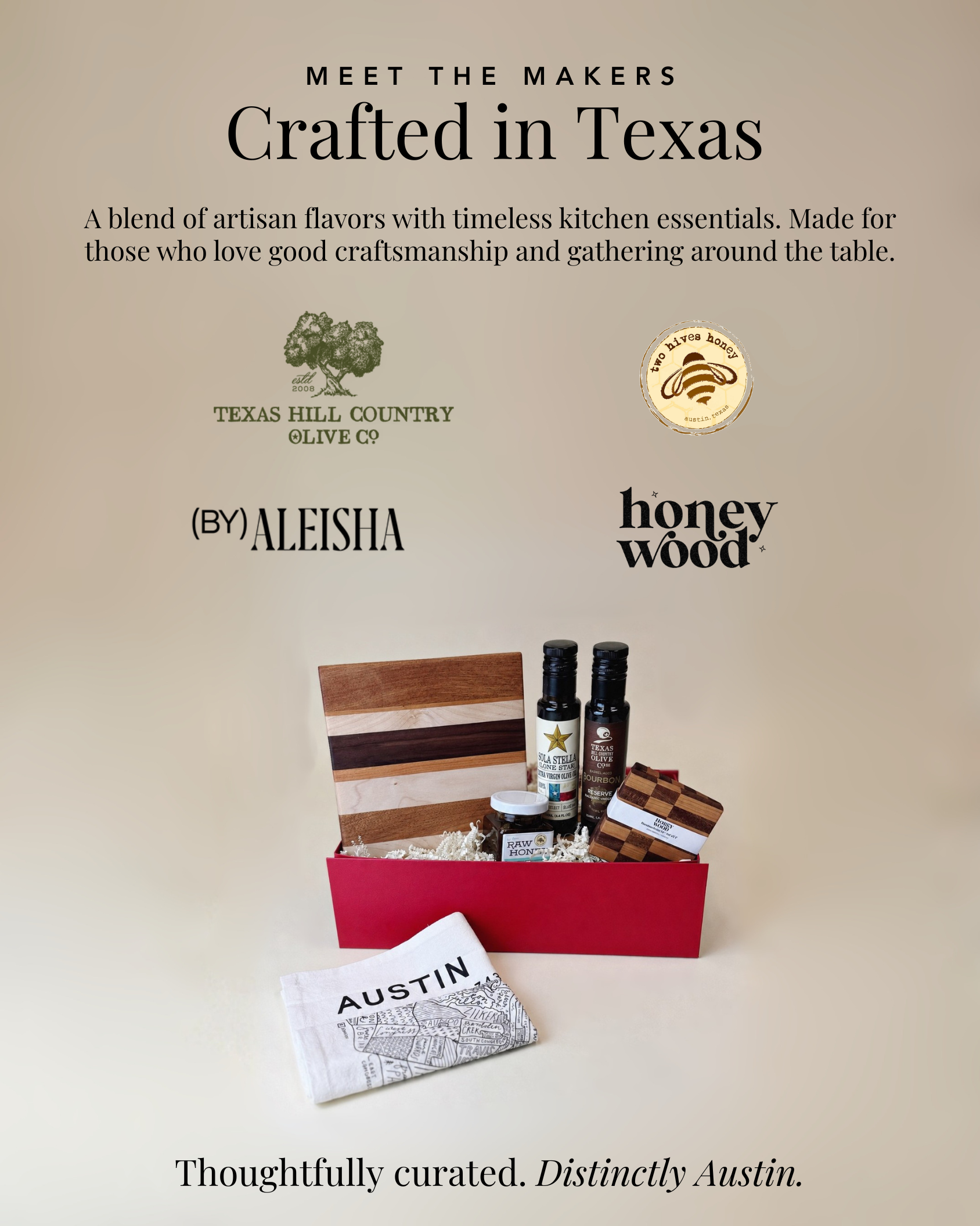Small and local brands featured in our Hill County Provisions, including By Aleisha, Texas Hill Country Olive Co, Fiera Flavors, Two Hives Honey, and Honeywood.
