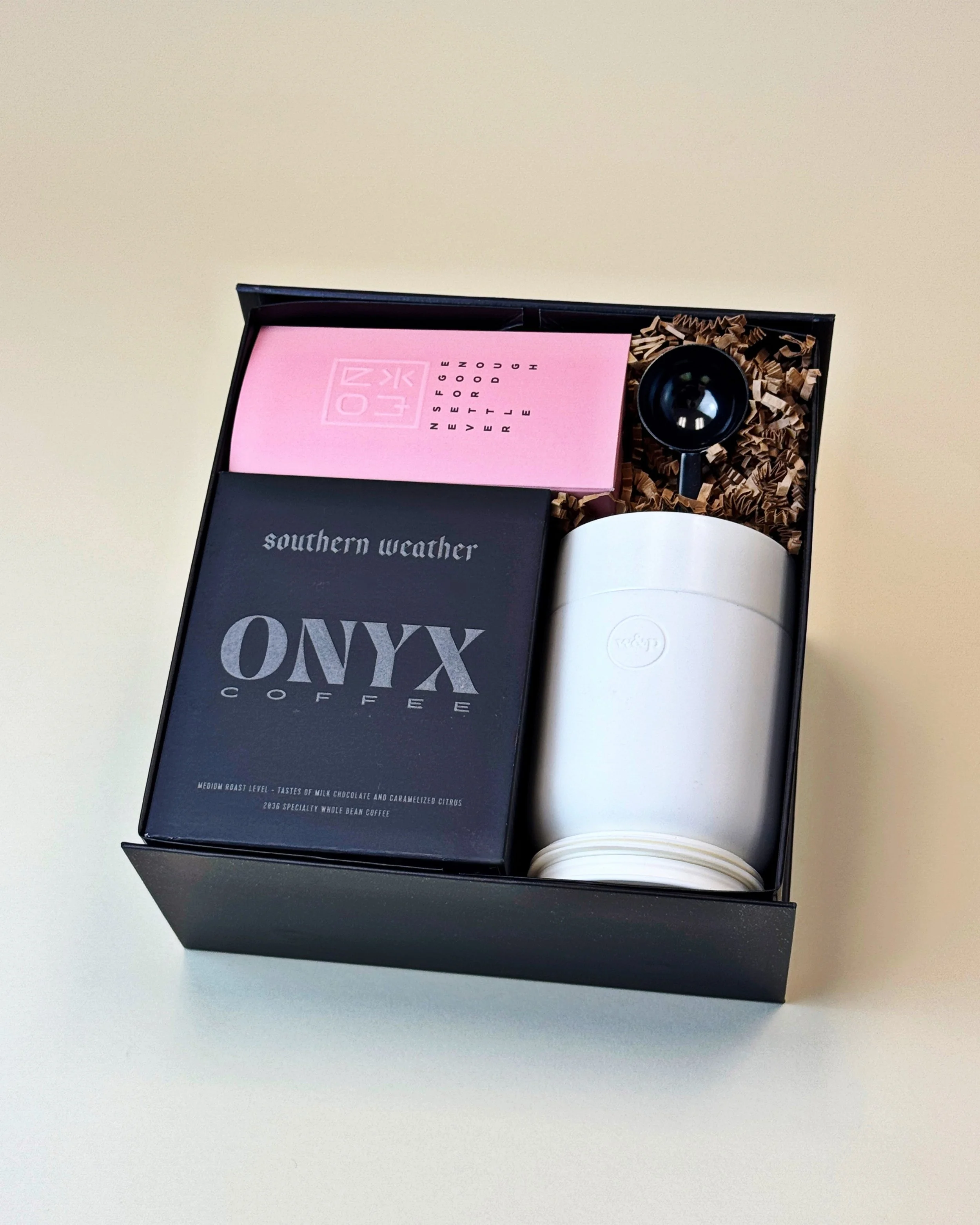 Luxury coffee and tea gift box featuring ONYX Coffee and tea, white travel tumbler, and a coffee scoop/bag clip, titled The Collector’s Brew. (Copy)