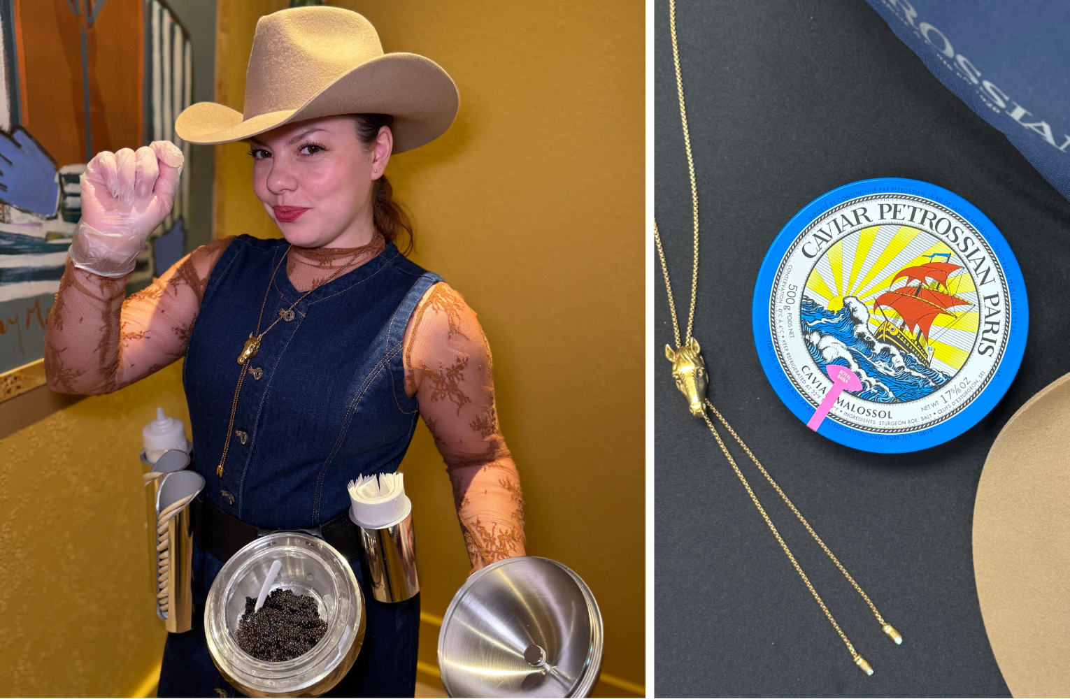 A side-by-side collage of our roaming caviar attendant with her bespoke caviar belt, and a flat lay of the Kendra Scott Beau Bolo Necklace and a container of Petrossian caviar, which was served at the event